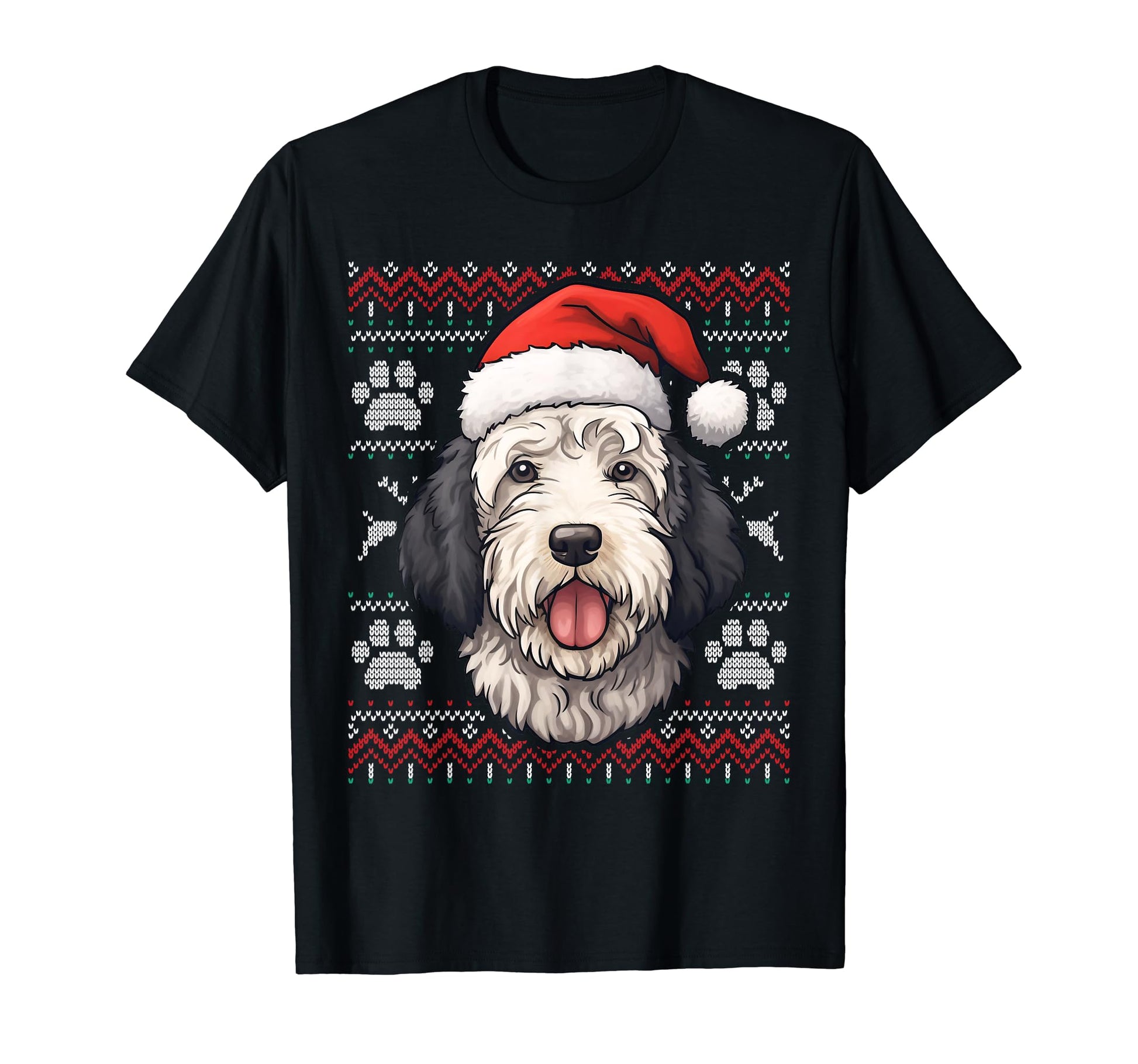 Sheepadoodle Santa Hat Funny Dog Mom T-Shirt - Novelty Apparel for Adults - T-Shirt, Sweatshirt, Hoodie
