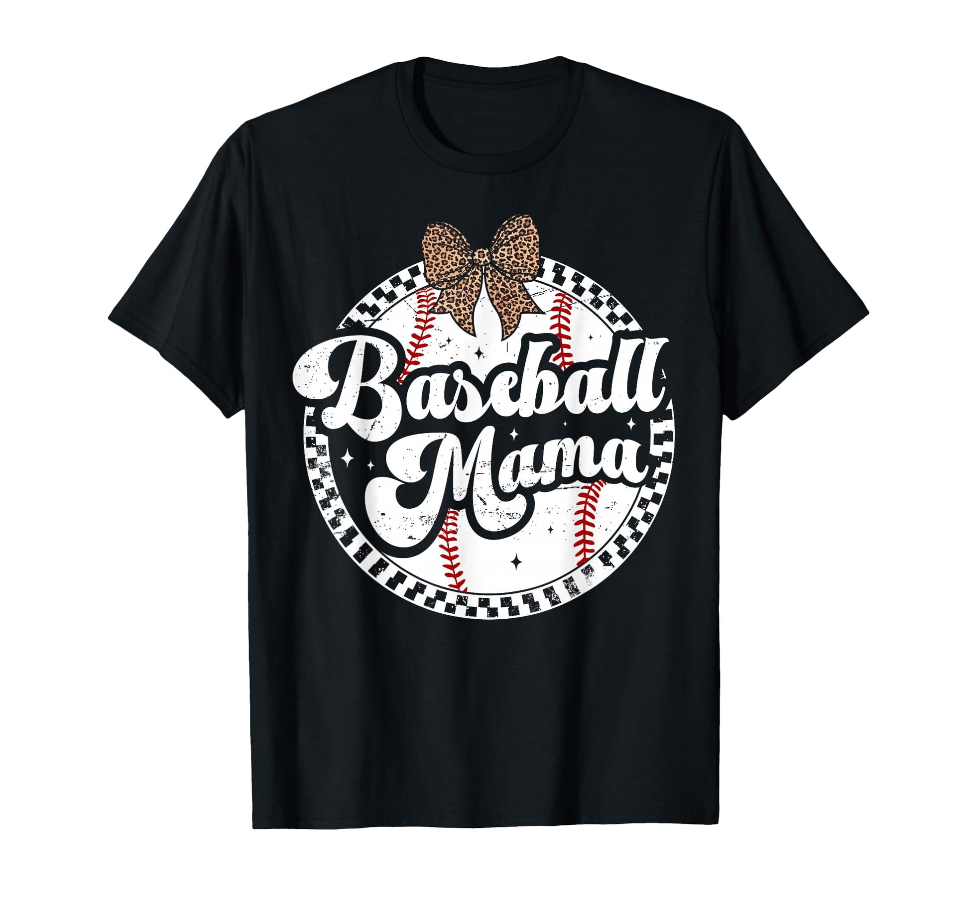 Baseball Mom Leopard Bow Checkered Mama T-Shirt - Graphic Print for Adults - T-Shirt, Sweatshirt, Hoodie