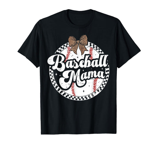Baseball Mom Leopard Bow Checkered Mama T-Shirt - Graphic Print for Adults - T-Shirt, Sweatshirt, Hoodie