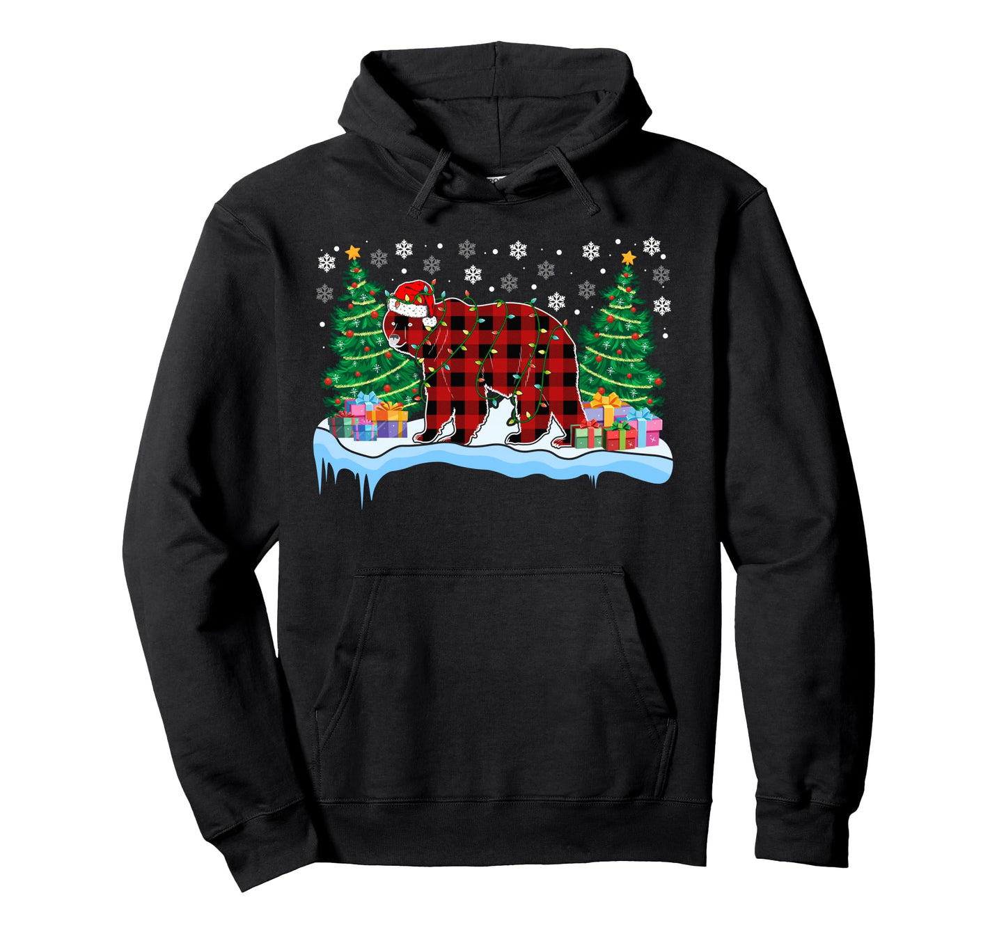 Papa Buffalo Plaid Bear Santa Hat Lights Hoodie - Streetwear Style Unisex - T-Shirt, Sweatshirt, Hoodie