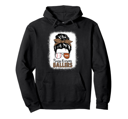 Baseball Football Mom Messy Bun Busy Hoodie - Fun Novelty Design Unisex - T-Shirt, Sweatshirt, Hoodie
