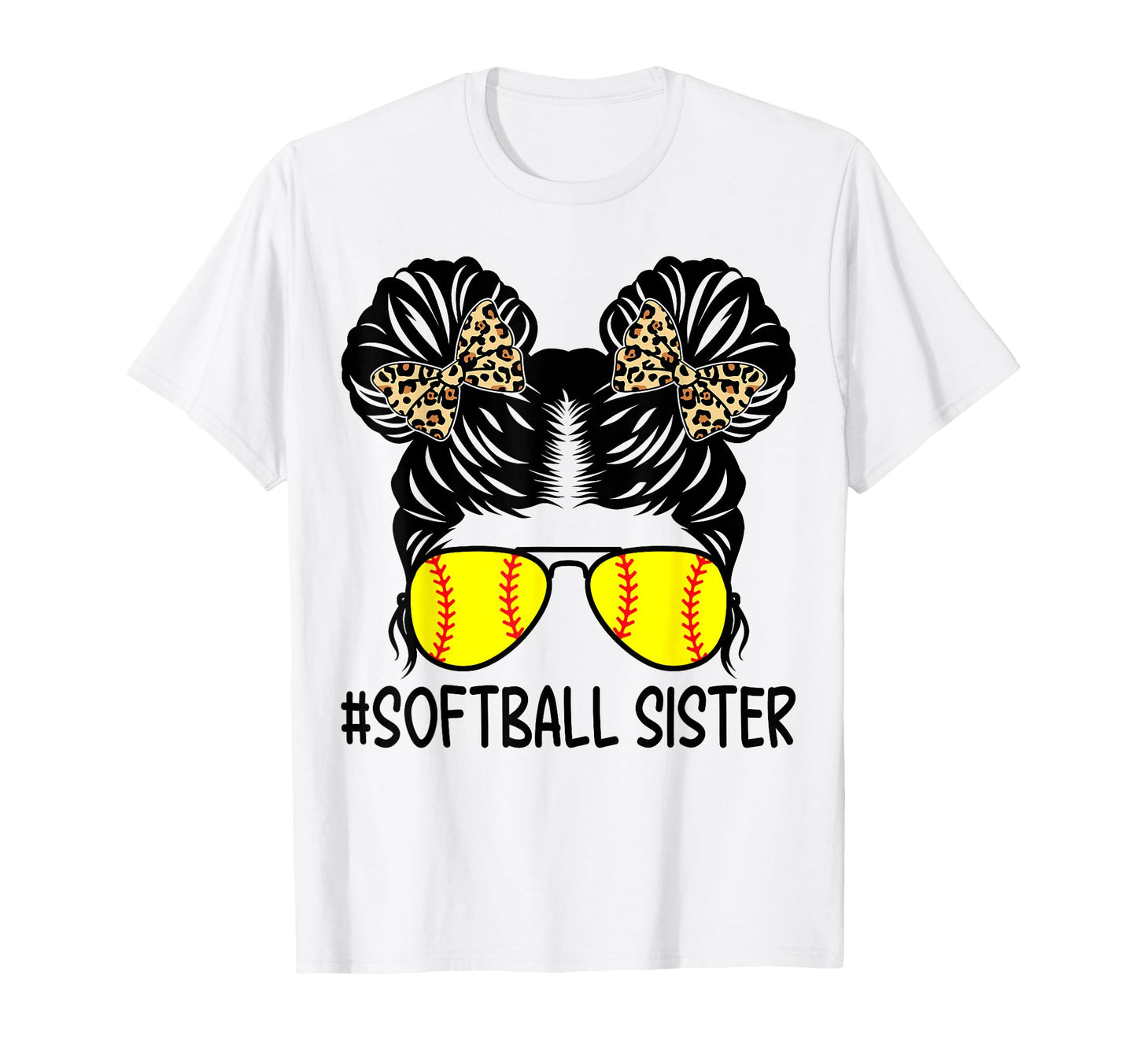 Softball Sister Leopard Messy Bun T-Shirt - Minimalist Print Unisex - T-Shirt, Sweatshirt, Hoodie