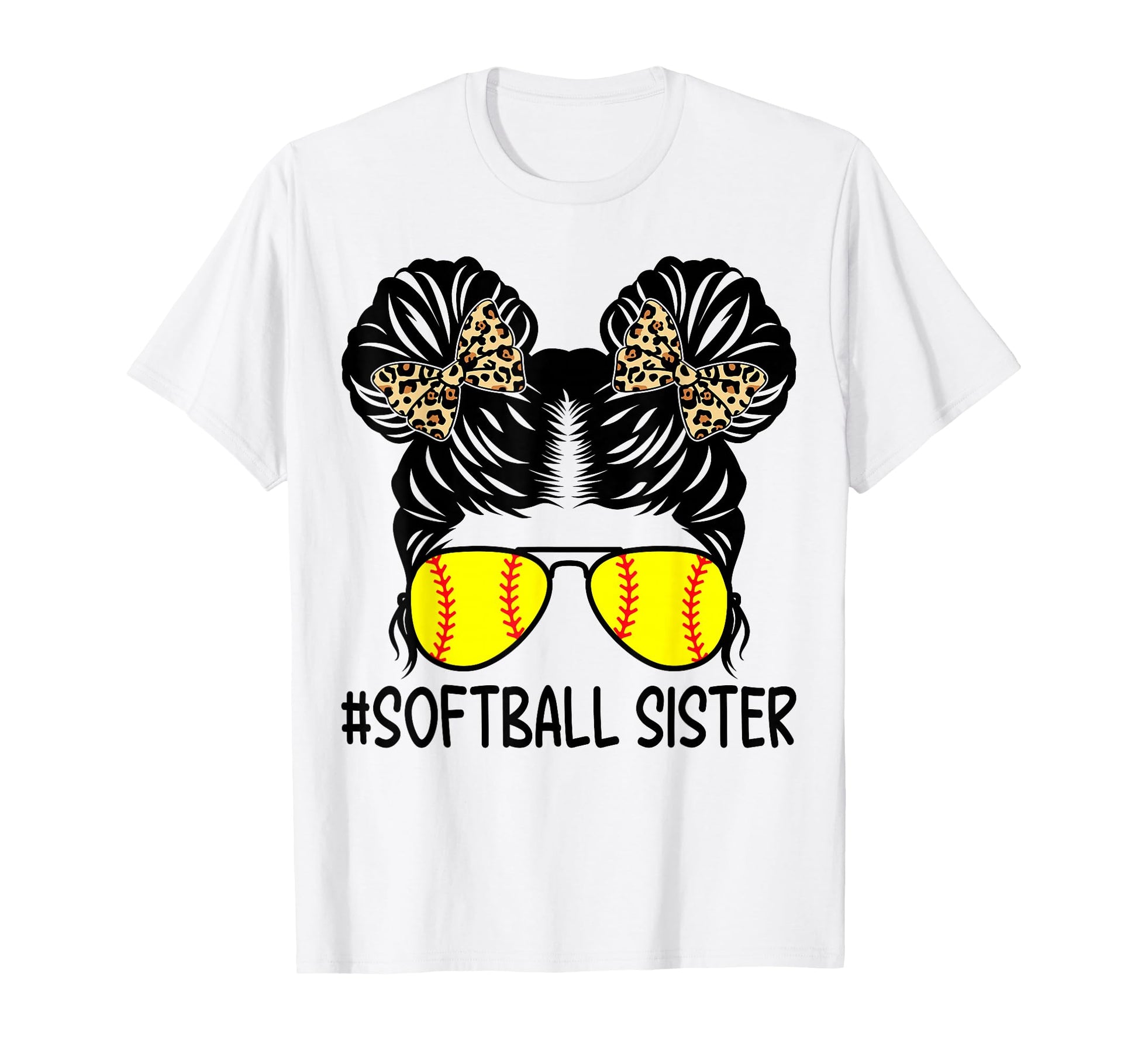 Softball Sister Leopard Messy Bun T-Shirt - Minimalist Print Unisex - T-Shirt, Sweatshirt, Hoodie