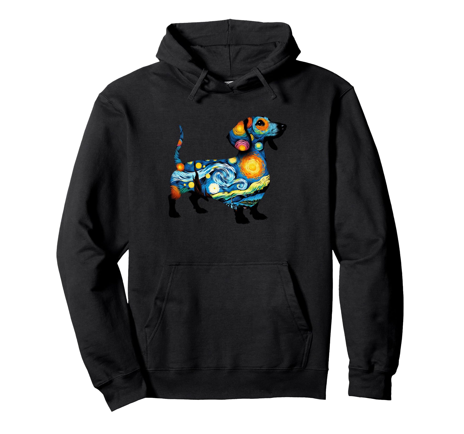 Dachshund Starry Night Painting Van Hoodie - Unique Graphic for Adults - T-Shirt, Sweatshirt, Hoodie