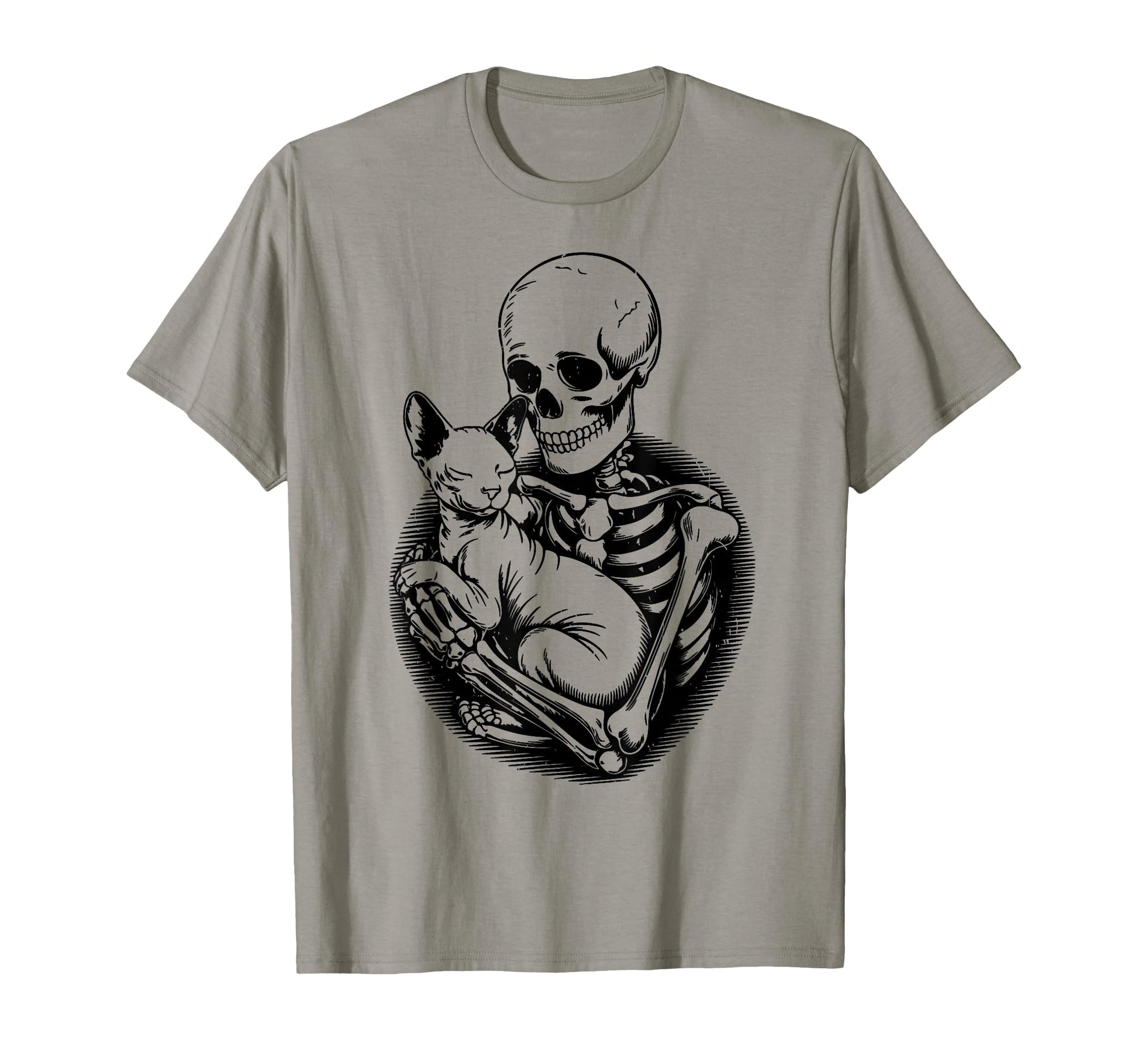 Skeleton Hugging Sphynx Cat Halloween T-Shirt - Aesthetic Graphic Unisex - T-Shirt, Sweatshirt, Hoodie