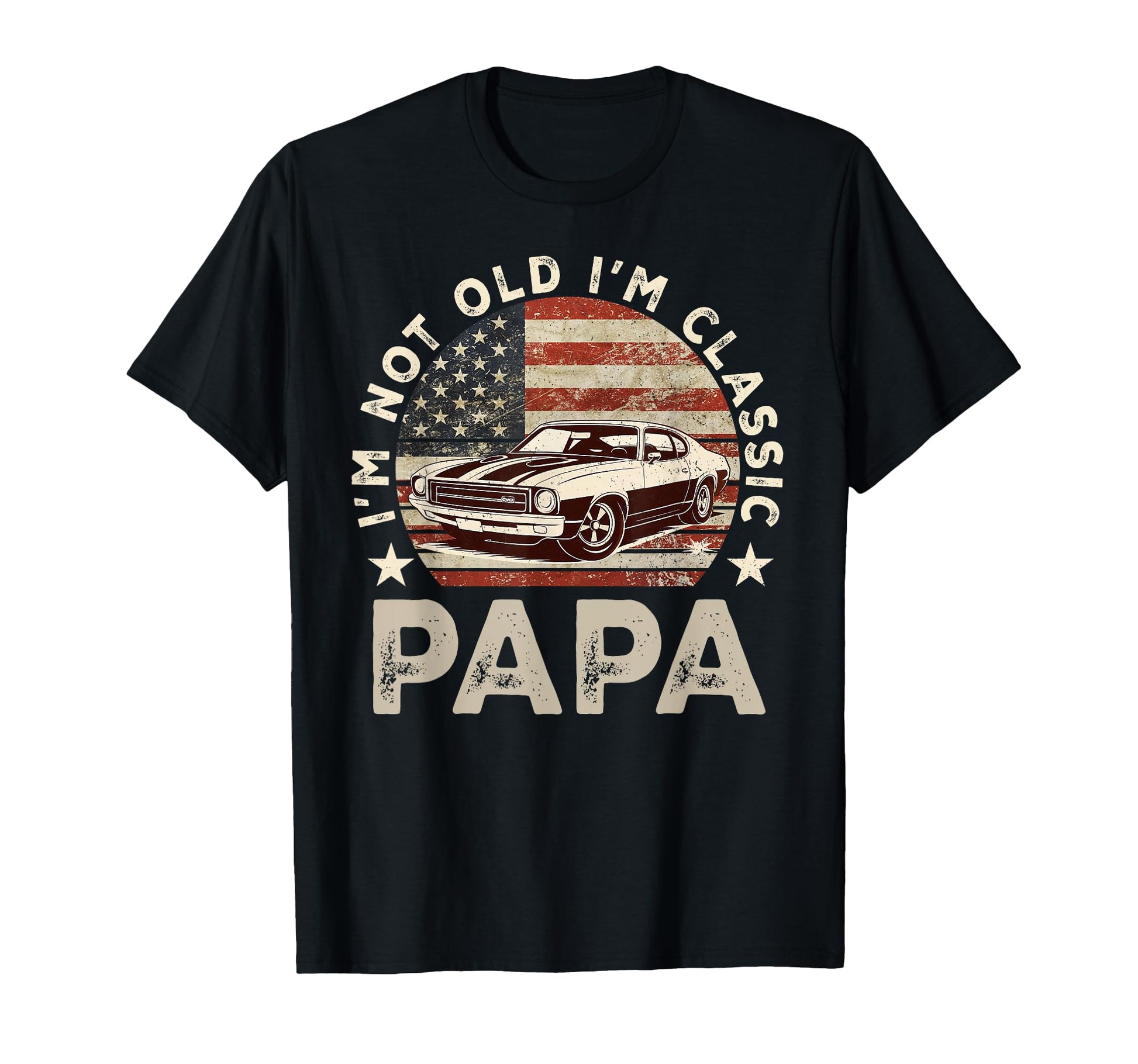 Funny Old Car American Us Flag Mens Dad T-Shirt - Minimalist Print Unisex - T-Shirt, Sweatshirt, Hoodie