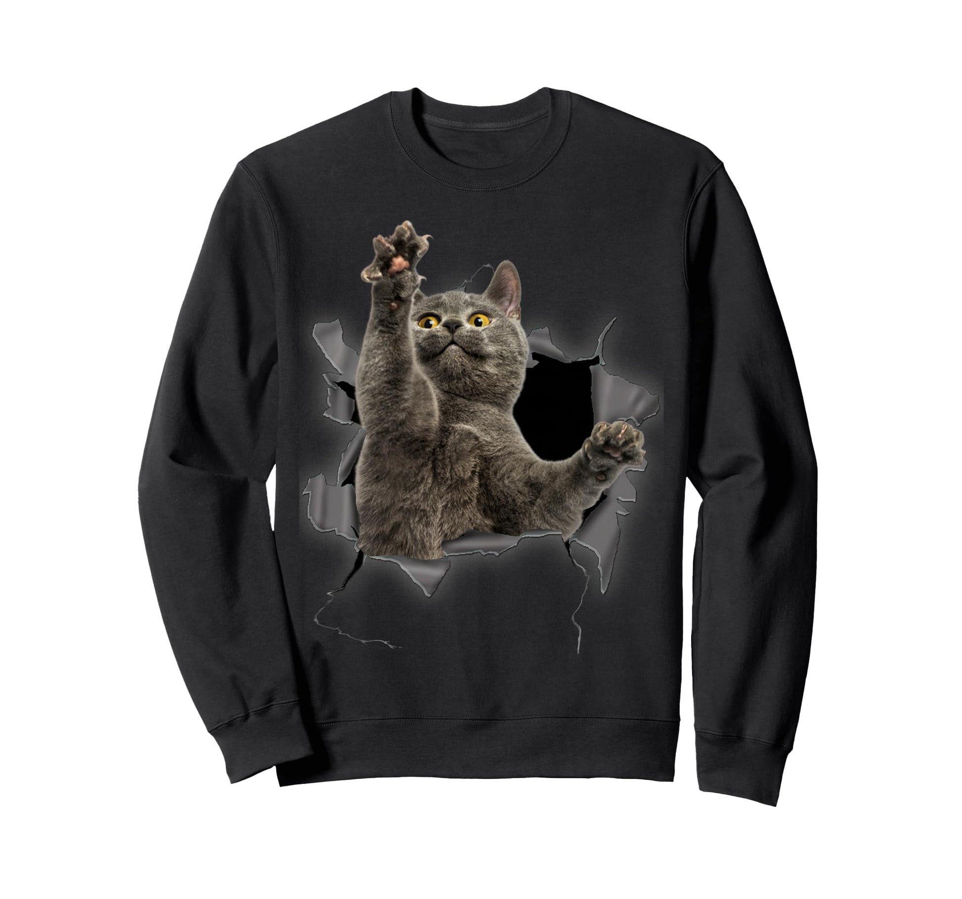 Grey Cat Torn Cloth Funny Gifts Cat Sweatshirt - Streetwear Style Unisex - T-Shirt, Sweatshirt, Hoodie