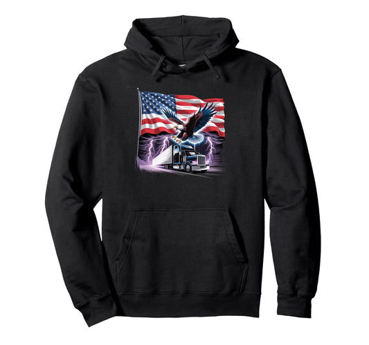 American Flag Trucker Dad Big Rig Trailer Hoodie - Graphic Print Men Women - T-Shirt, Sweatshirt, Hoodie