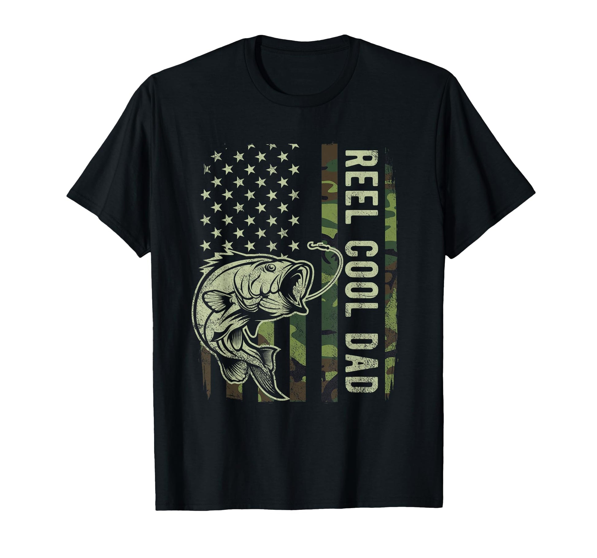 Reel Dad Camouflage American Flag Bass T-Shirt - Minimalist Print Unisex - T-Shirt, Sweatshirt, Hoodie