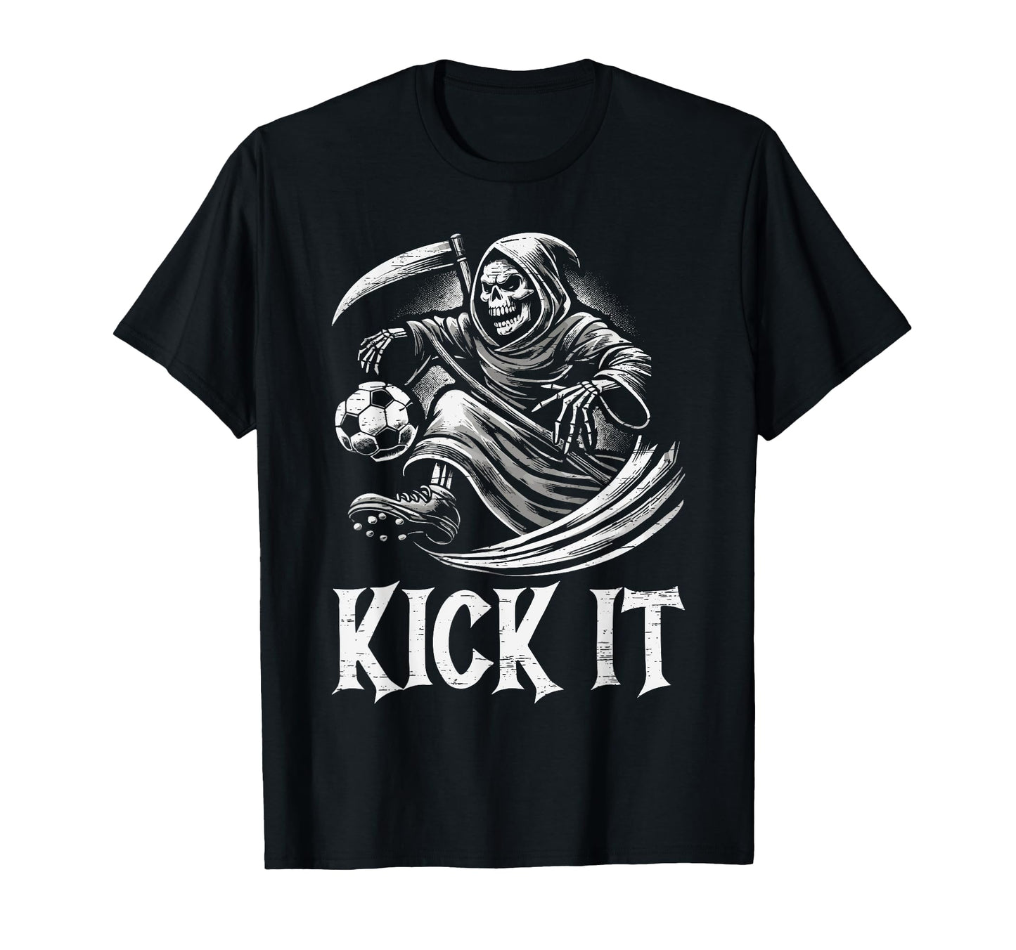 Kick It Grim Reaper Playing Soccer T-Shirt - Novelty Apparel for Adults - T-Shirt, Sweatshirt, Hoodie