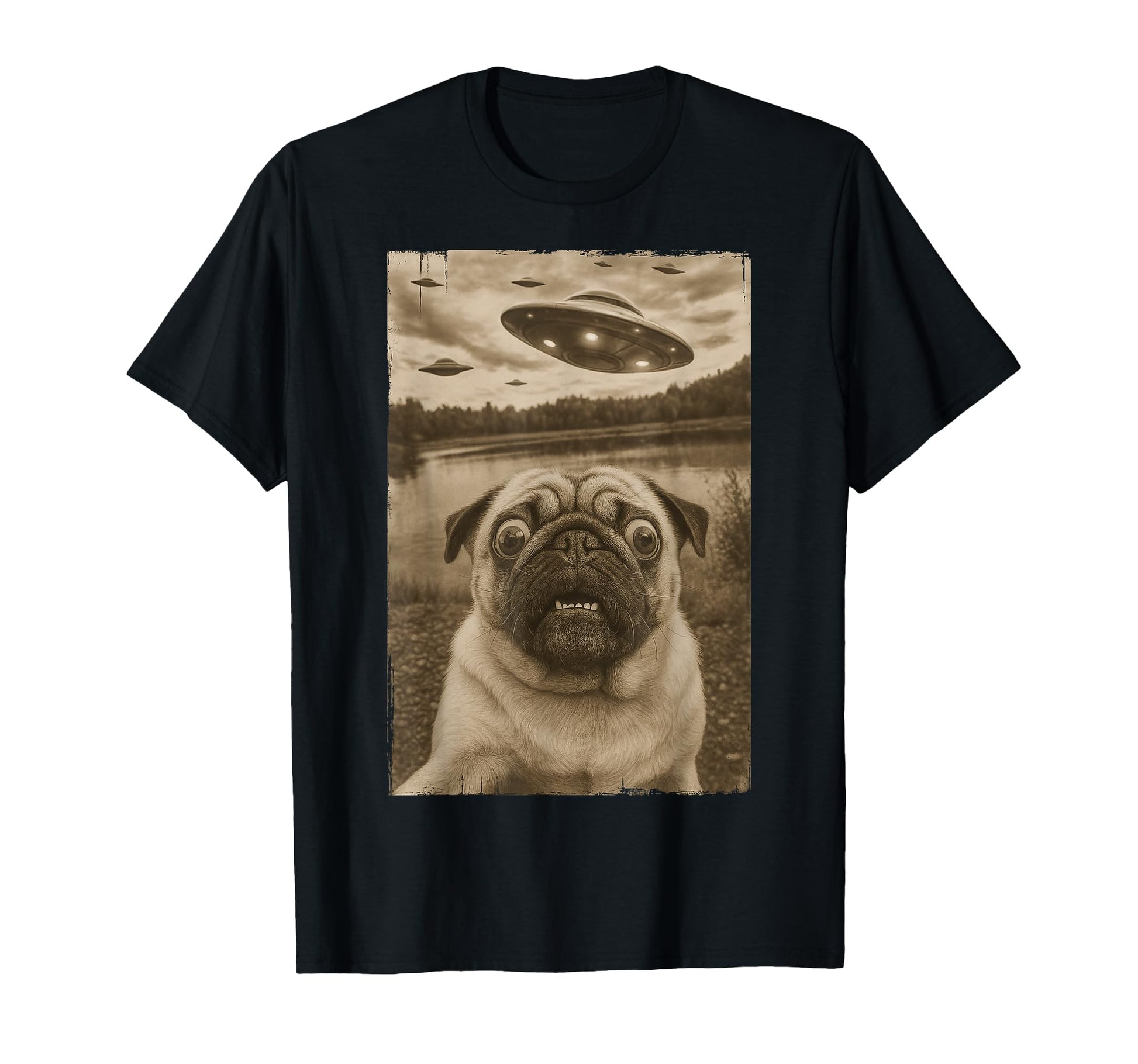 Pug Ufo Encounters Funny Ufo And Pug T-Shirt - Unique Graphic Men Women - T-Shirt, Sweatshirt, Hoodie