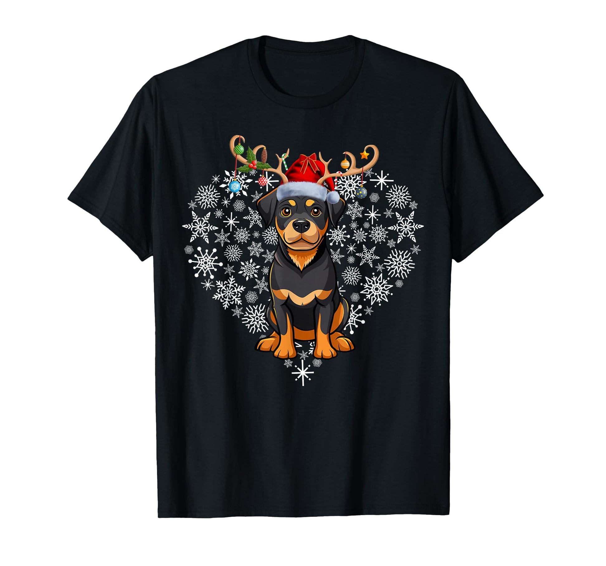 Reindeer Santa Hat Rottweiler T-Shirt - Fun Novelty Design for Adults - T-Shirt, Sweatshirt, Hoodie