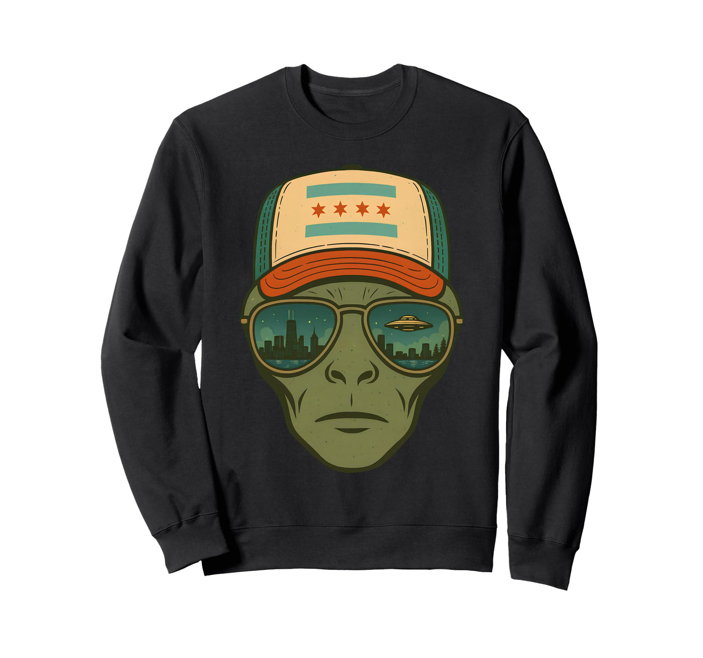 Chicago Skyline Reflection Alien Sweatshirt - Minimalist Print for Adults - T-Shirt, Sweatshirt, Hoodie