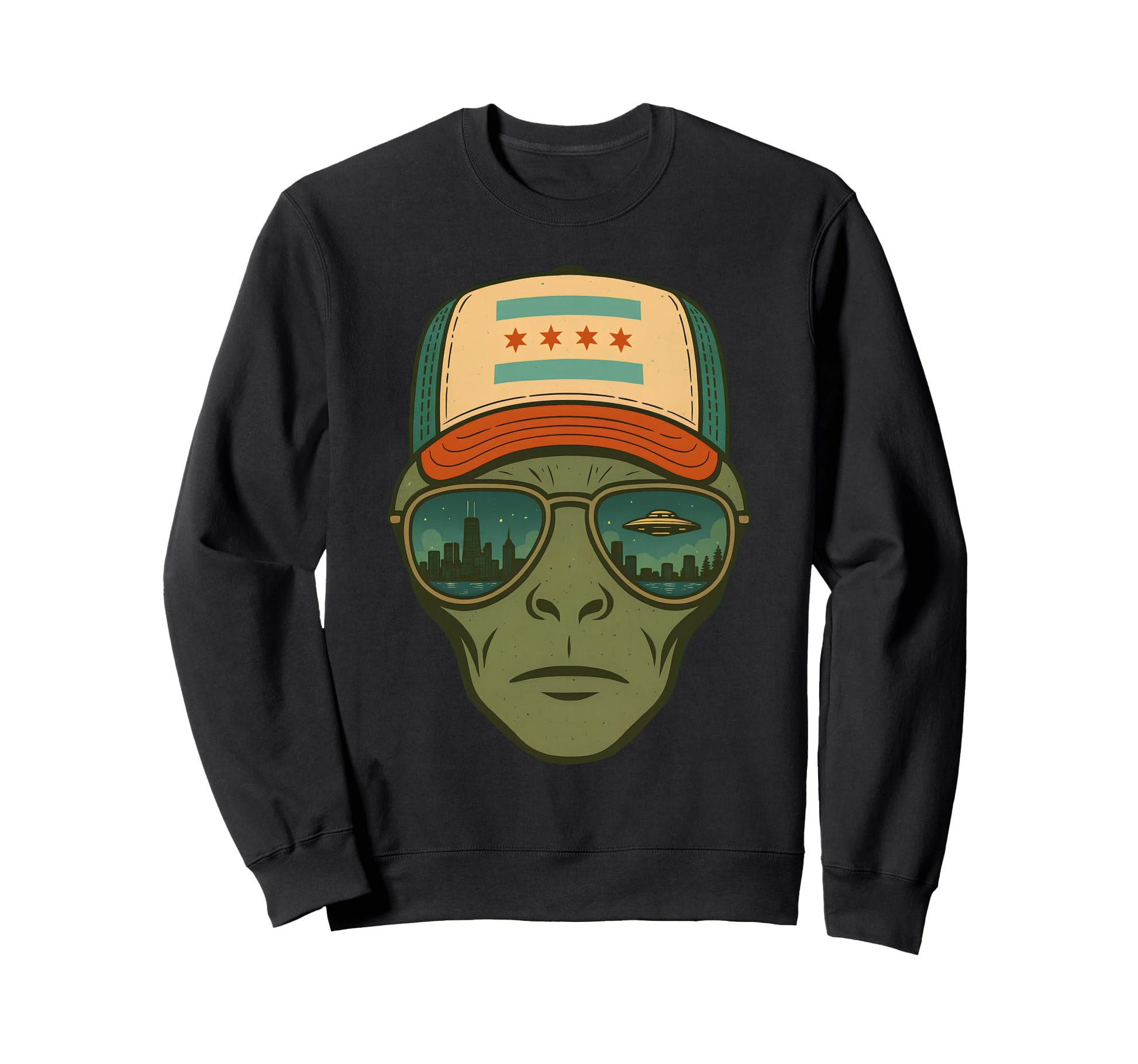 Chicago Skyline Reflection Alien Sweatshirt - Minimalist Print for Adults - T-Shirt, Sweatshirt, Hoodie