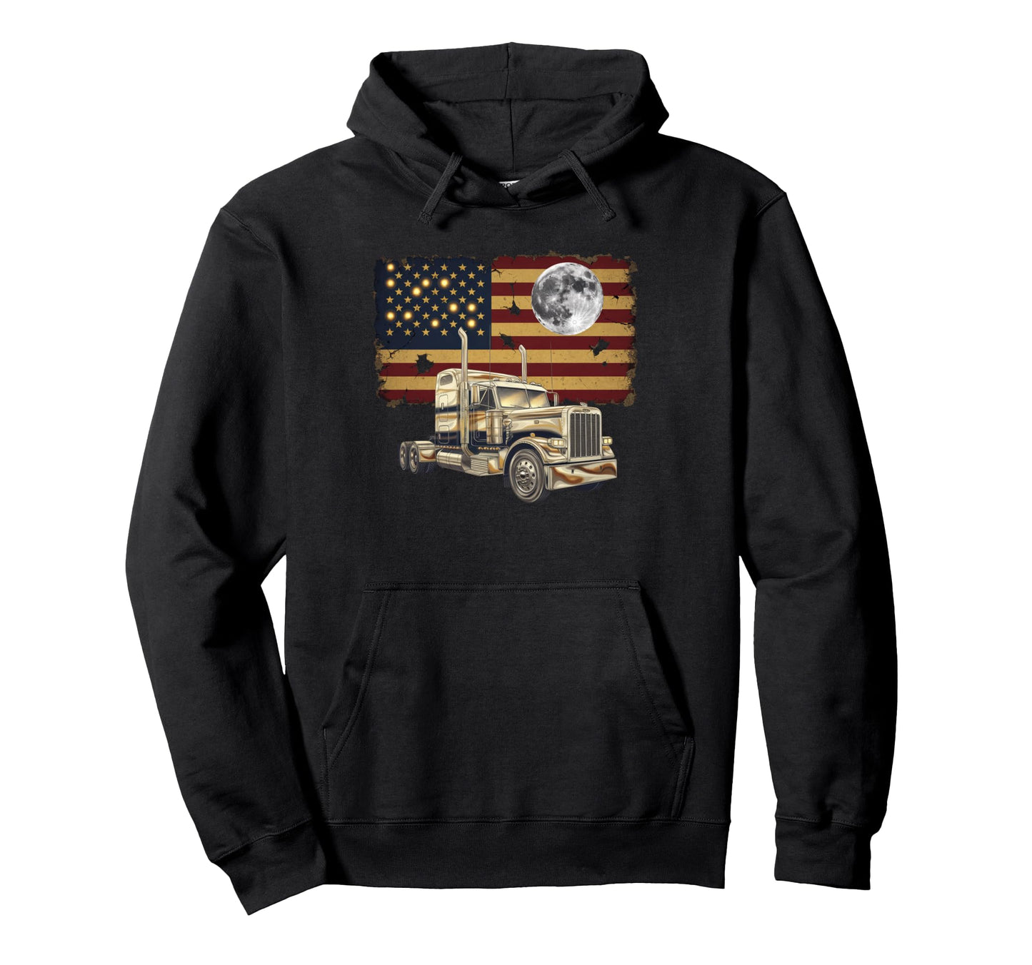 American Flag Trucker Dad Big Rig Hoodie - Unique Graphic Men Women - T-Shirt, Sweatshirt, Hoodie