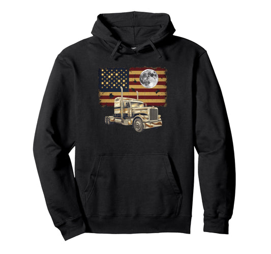 American Flag Trucker Dad Big Rig Hoodie - Unique Graphic Men Women - T-Shirt, Sweatshirt, Hoodie