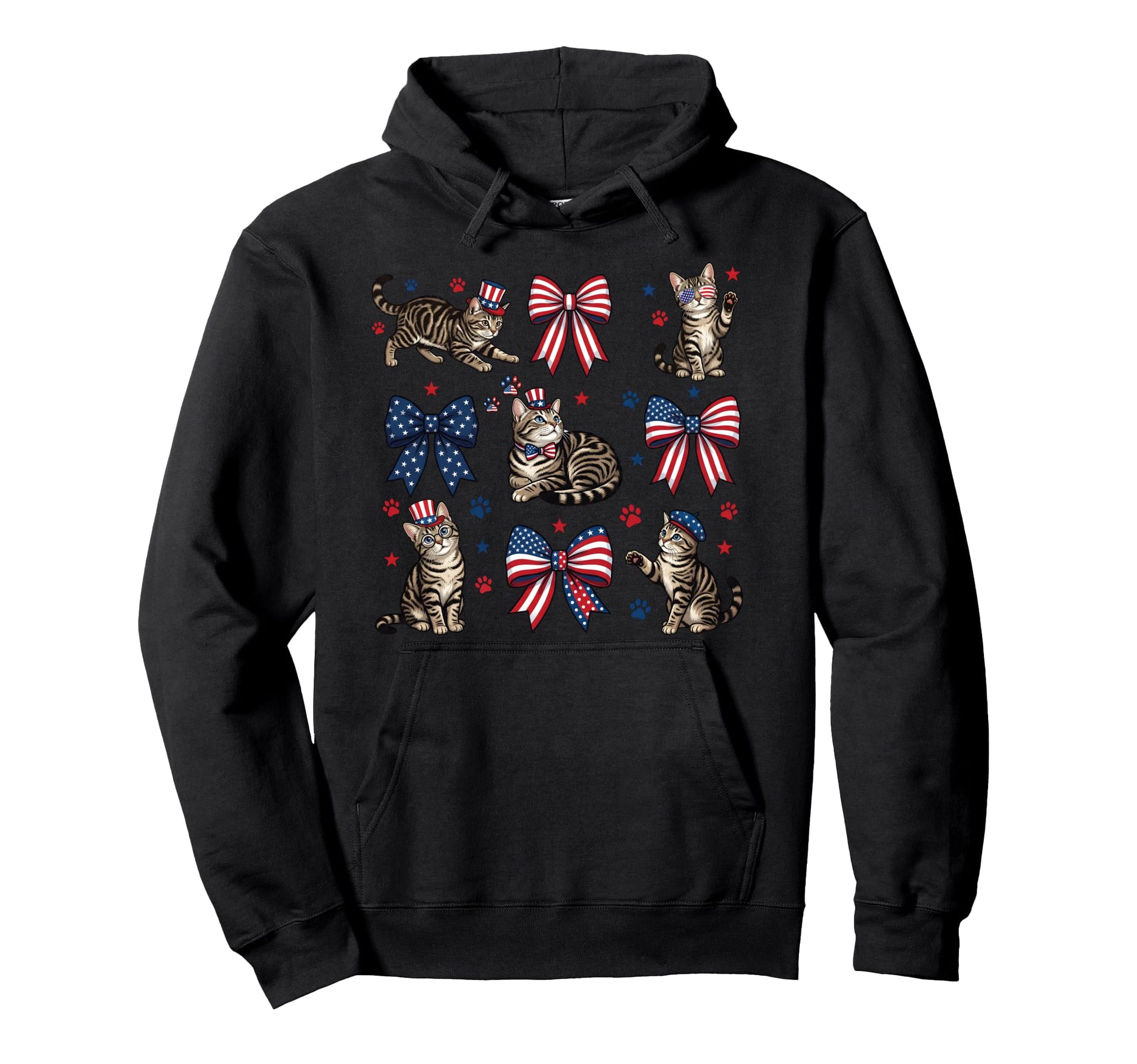Patriotic Cat 4Th July Bow American Flag Hoodie - Streetwear Style Unisex - T-Shirt, Sweatshirt, Hoodie