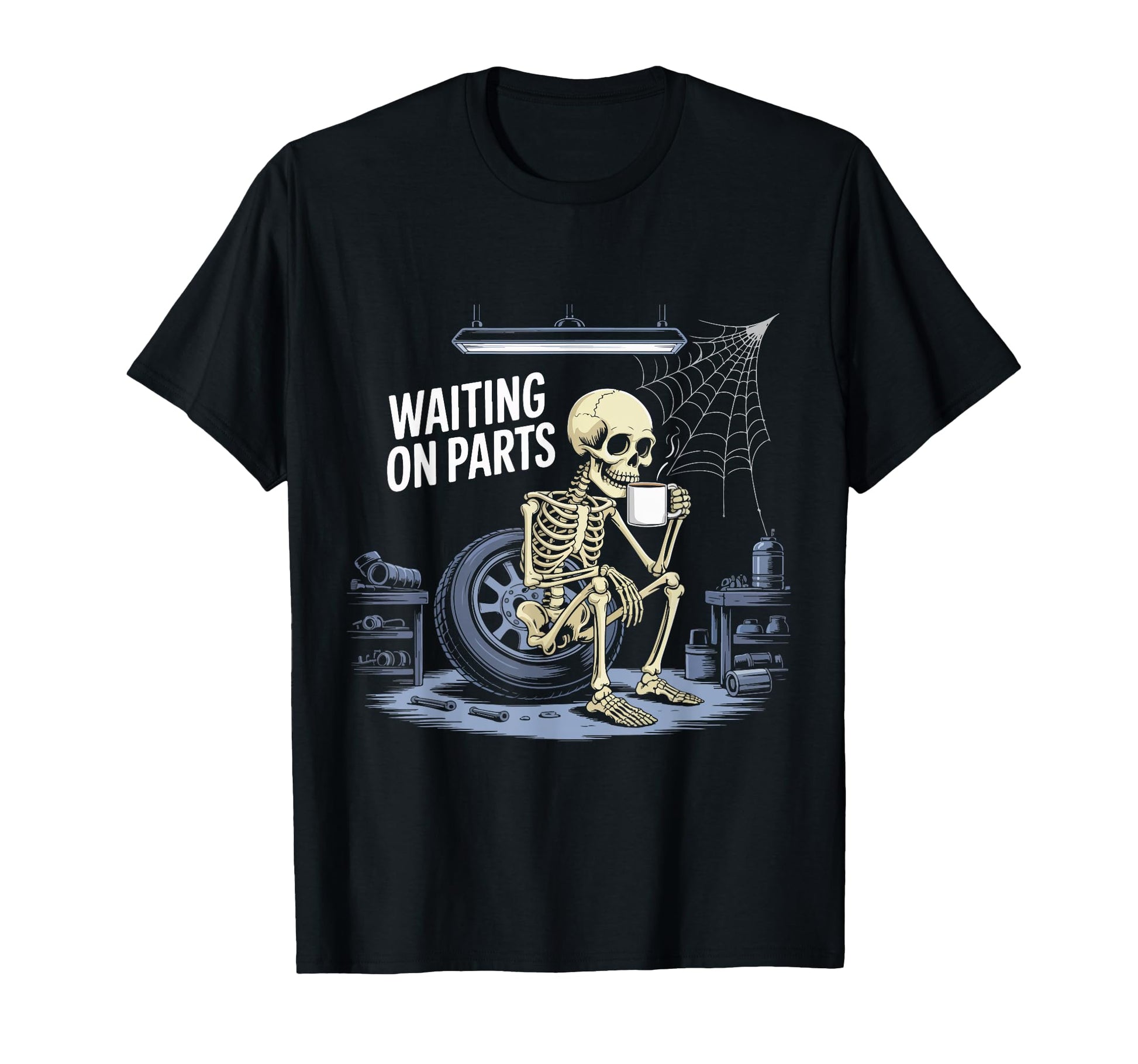 Funny Waiting Parts Mechanic Skeleton T-Shirt - Graphic Print for Adults - T-Shirt, Sweatshirt, Hoodie