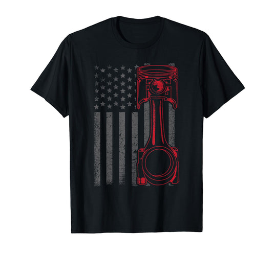 American Flag Piston Funny Muscle Car T-Shirt - Fun Novelty Design Unisex - T-Shirt, Sweatshirt, Hoodie