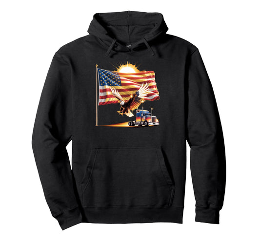 American Flag Trucker Dad Big Rig Hoodie - Aesthetic Graphic Men Women - T-Shirt, Sweatshirt, Hoodie