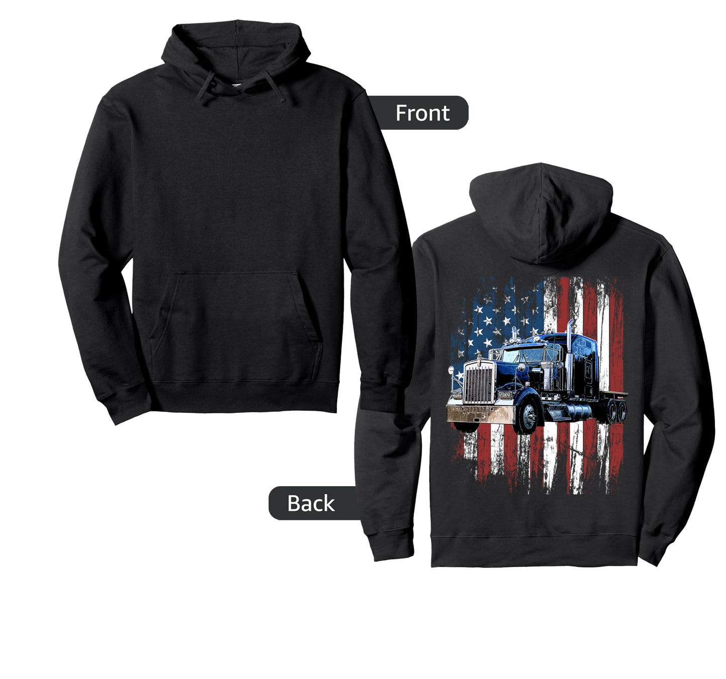 Trucker American Flag Truck Driver Truck Hoodie - Graphic Print Men Women - T-Shirt, Sweatshirt, Hoodie