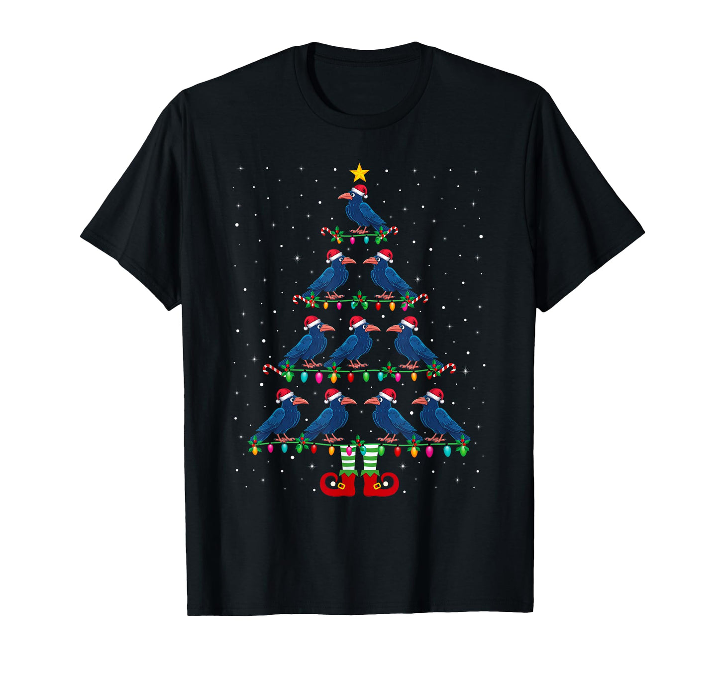 Tree Lights Santa Hat Elf Crow Tree T-Shirt - Graphic Print for Adults - T-Shirt, Sweatshirt, Hoodie