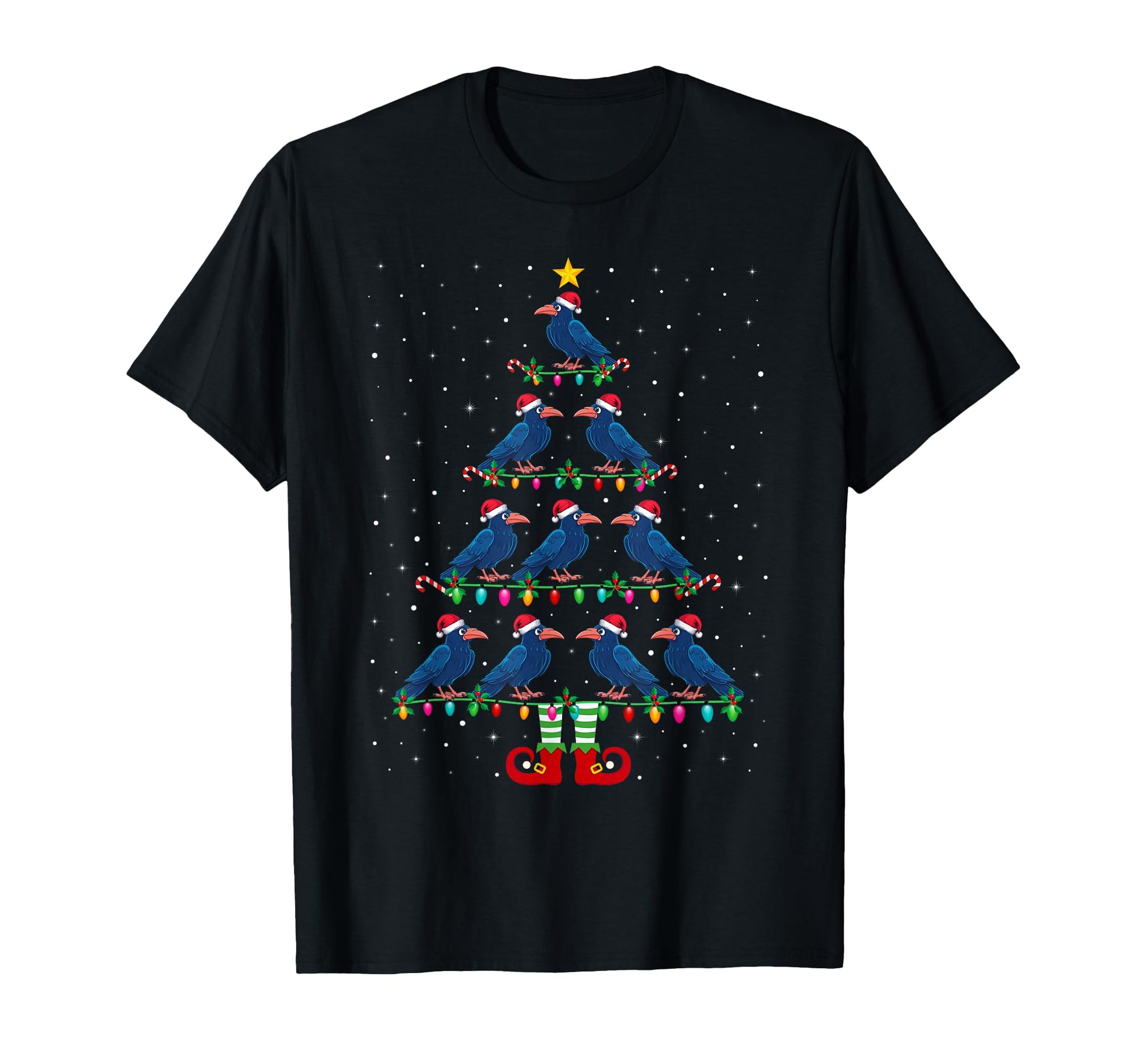 Tree Lights Santa Hat Elf Crow Tree T-Shirt - Graphic Print for Adults - T-Shirt, Sweatshirt, Hoodie
