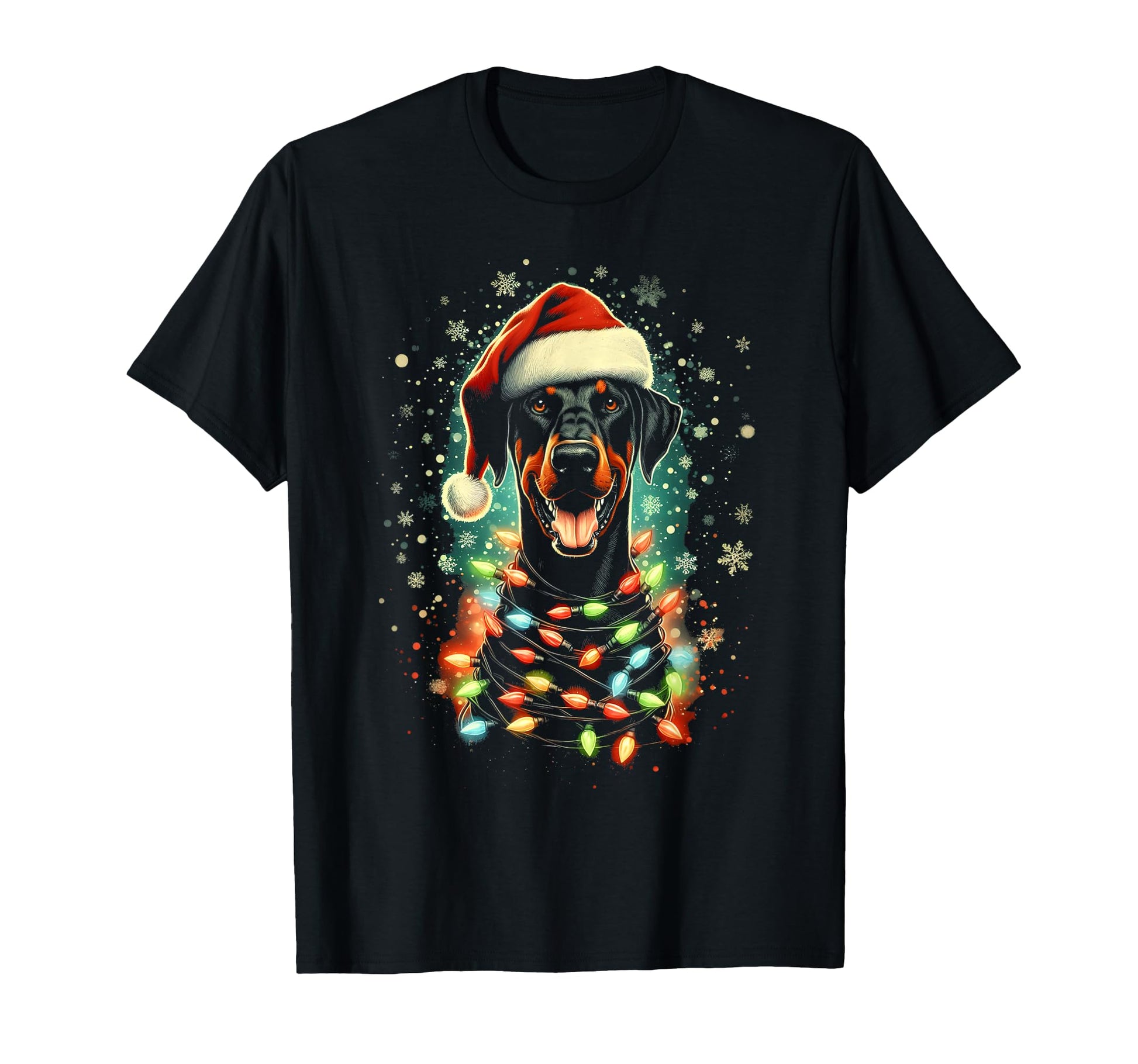 Pinscher Doberman Dog Santa Hat Lights T-Shirt - Trendy Graphic Men Women - T-Shirt, Sweatshirt, Hoodie