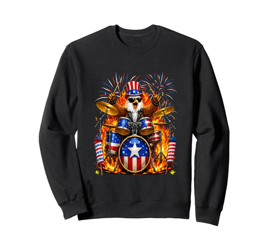 4Th July Eagle Playing Drum Sweatshirt - Unique Graphic Men Women - T-Shirt, Sweatshirt, Hoodie