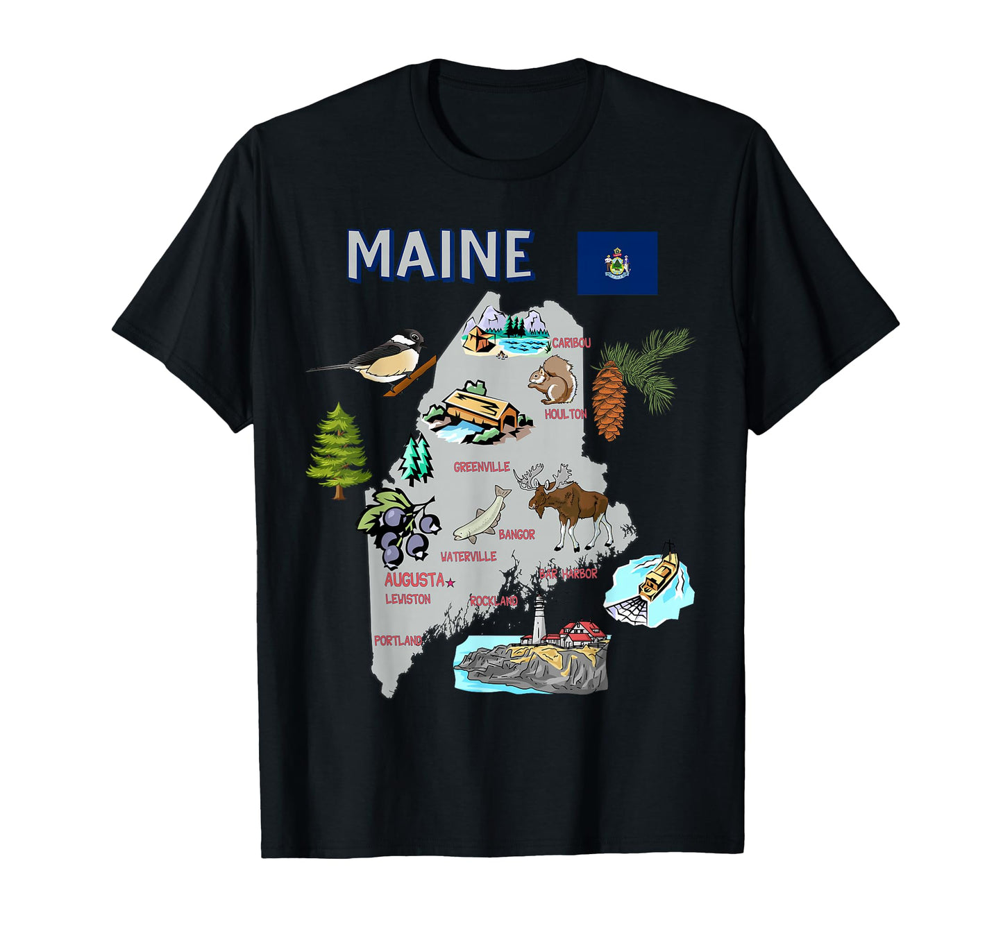 Map Maine State Landmarks Major Cities T-Shirt - Trendy Graphic for Adults - T-Shirt, Sweatshirt, Hoodie