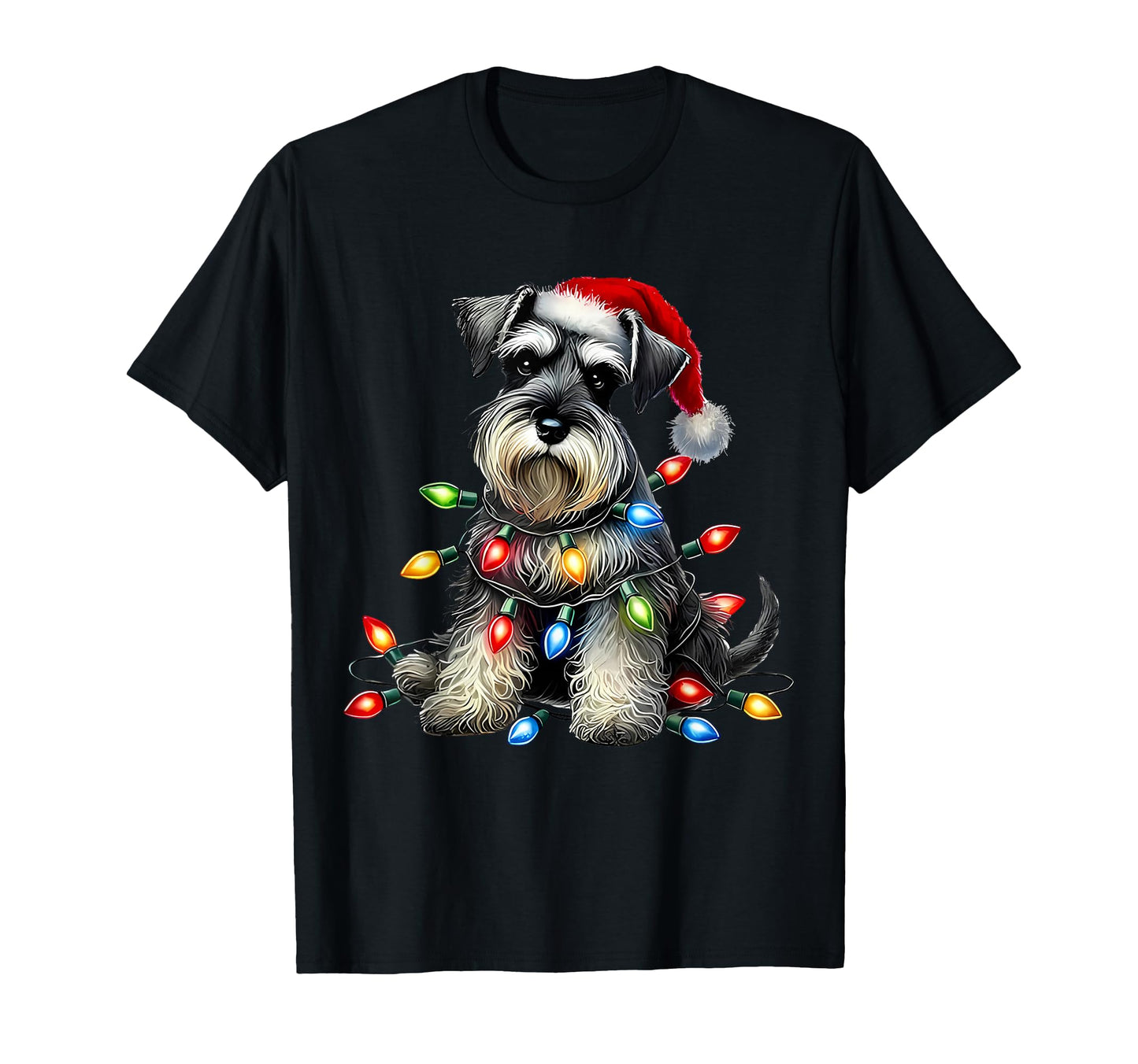 Schnauzer Dog Santa Hat Light Holiday T-Shirt - Unique Graphic for Adults - T-Shirt, Sweatshirt, Hoodie
