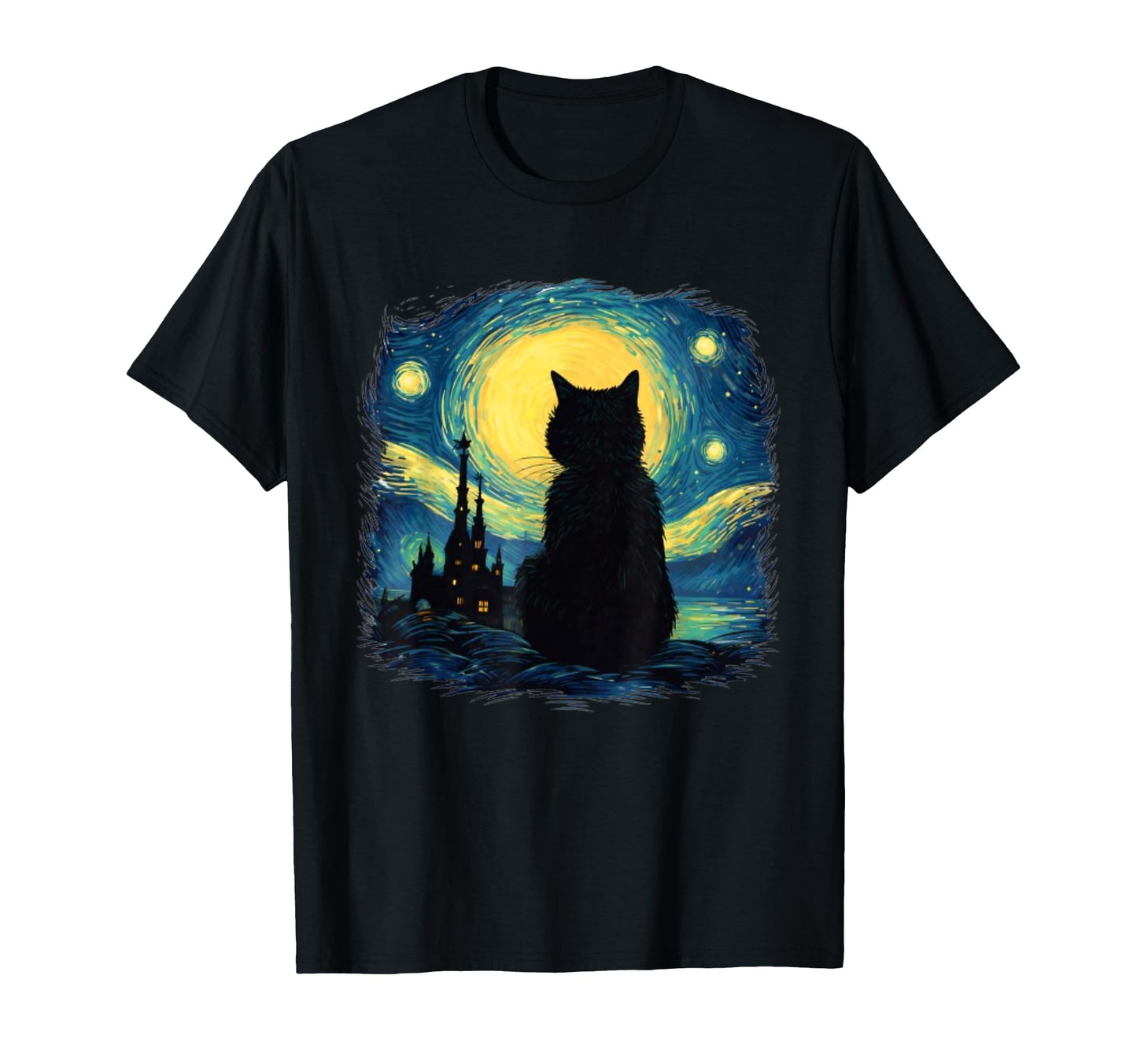 Black Cat Starry Night Van Gogh Cat T-Shirt - Custom Art Print Men Women - T-Shirt, Sweatshirt, Hoodie