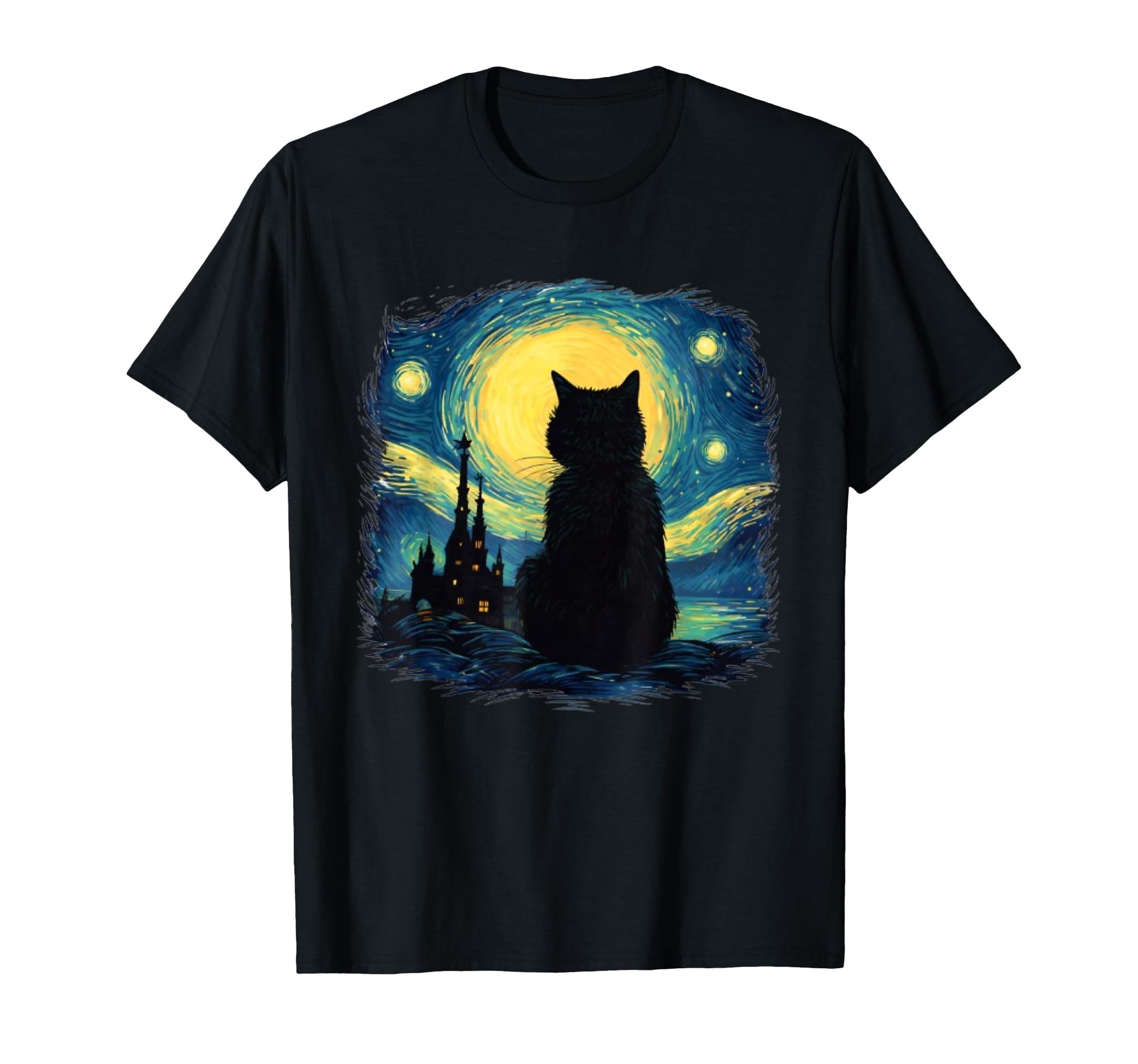 Black Cat Starry Night Van Gogh Cat T-Shirt - Custom Art Print Men Women - T-Shirt, Sweatshirt, Hoodie