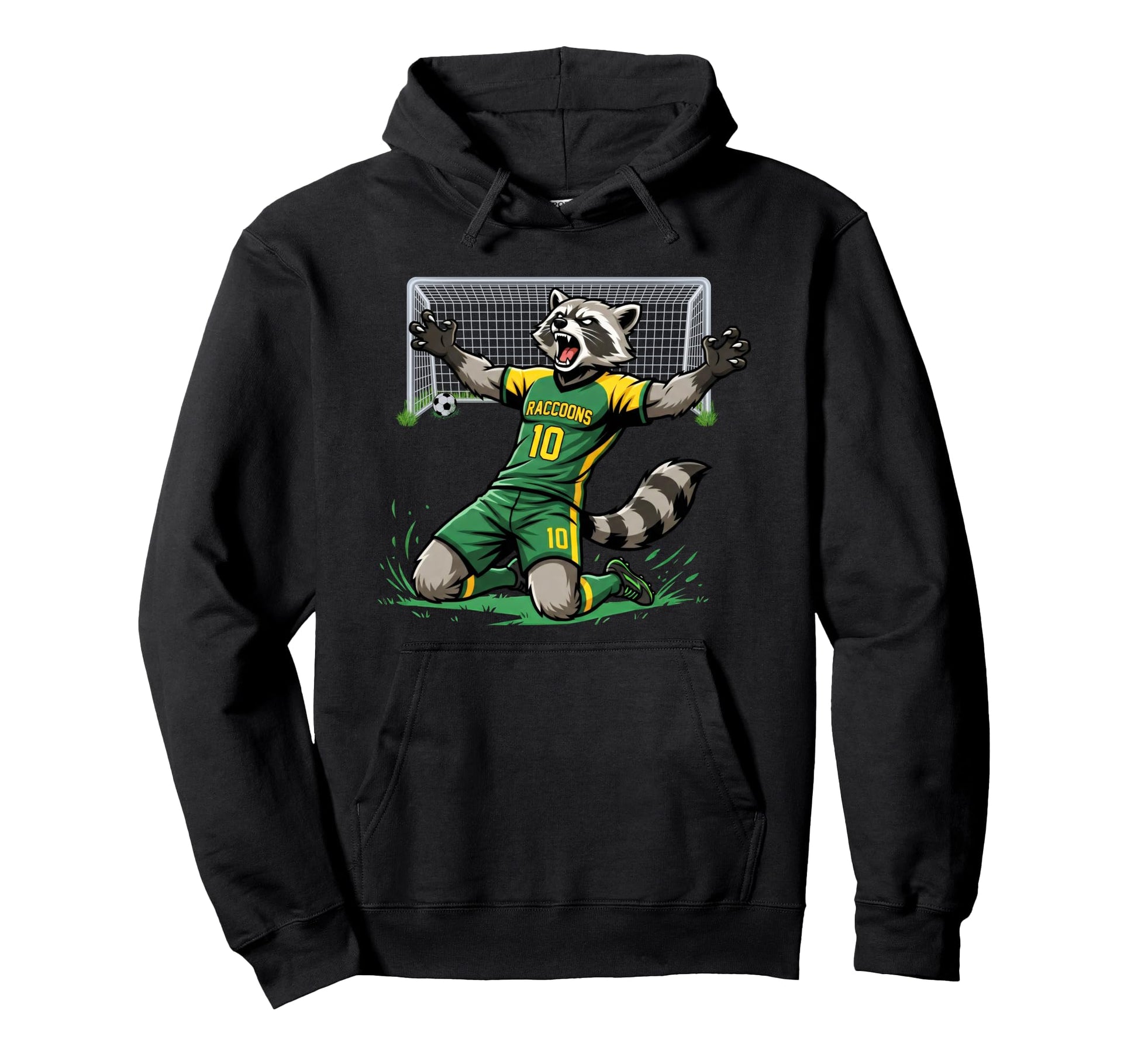 Funny Feral Raccoon Soccer Player Score Hoodie - Custom Art Print Unisex - T-Shirt, Sweatshirt, Hoodie