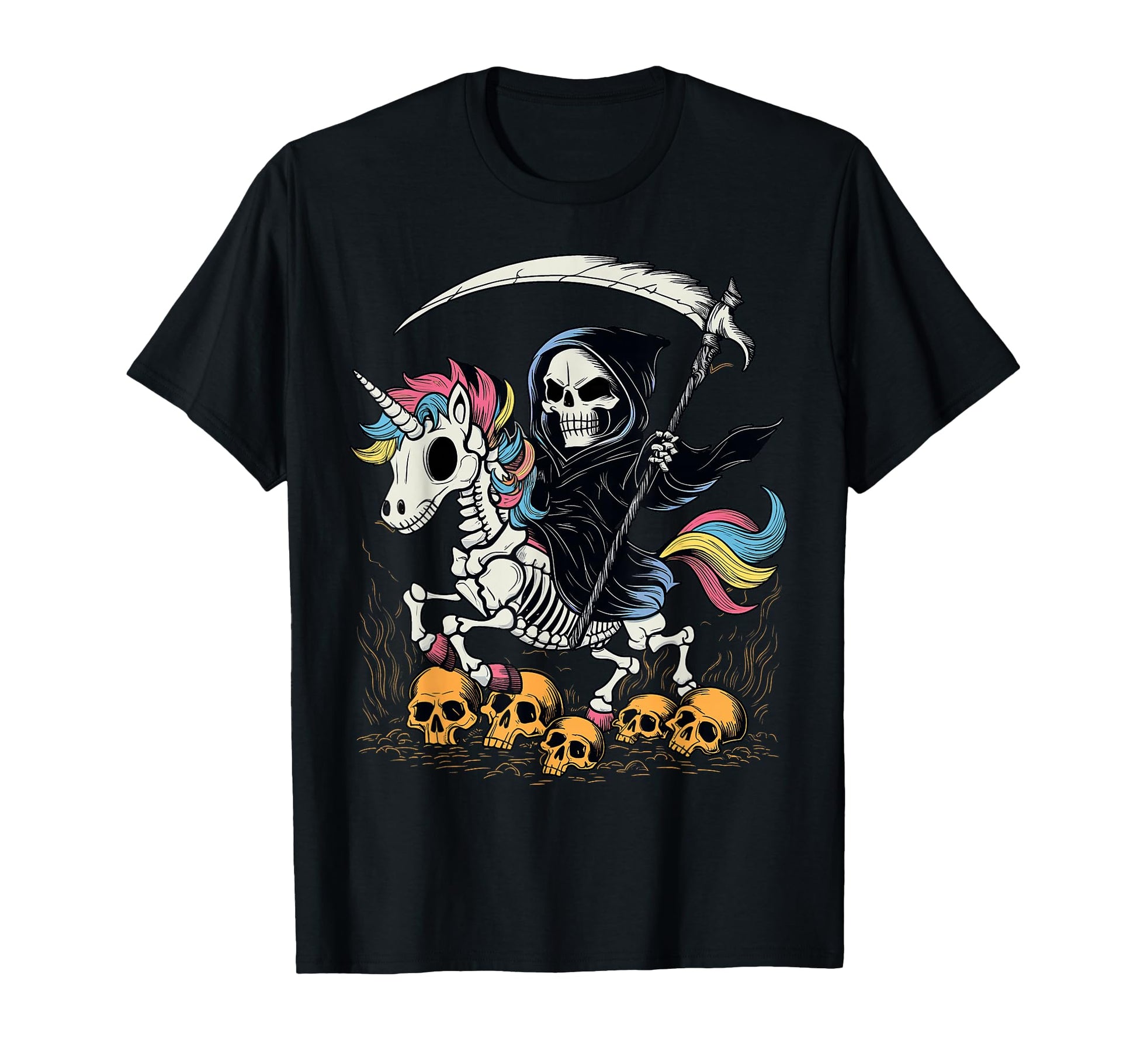 Grim Reaper Riding Unicorn Skeleton T-Shirt - Aesthetic Graphic Unisex - T-Shirt, Sweatshirt, Hoodie