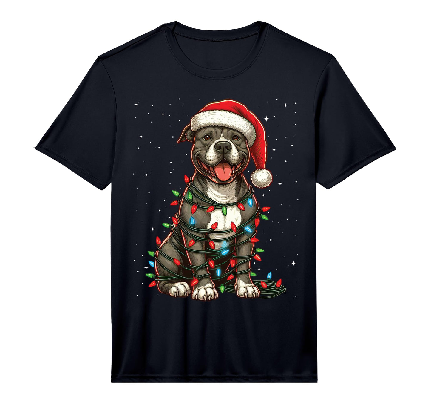 Pit Bull Dog Lights Santa Hat Snow T-Shirt - Novelty Apparel Men Women - T-Shirt, Sweatshirt, Hoodie