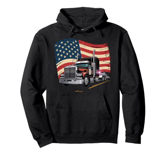 American Flag Trucker Dad Big Rig Trailer Hoodie - Custom Art Print Unisex - T-Shirt, Sweatshirt, Hoodie