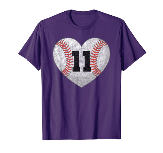 Baseball Number 11 Distressed Heart T-Shirt - Trendy Graphic for Adults - T-Shirt, Sweatshirt, Hoodie