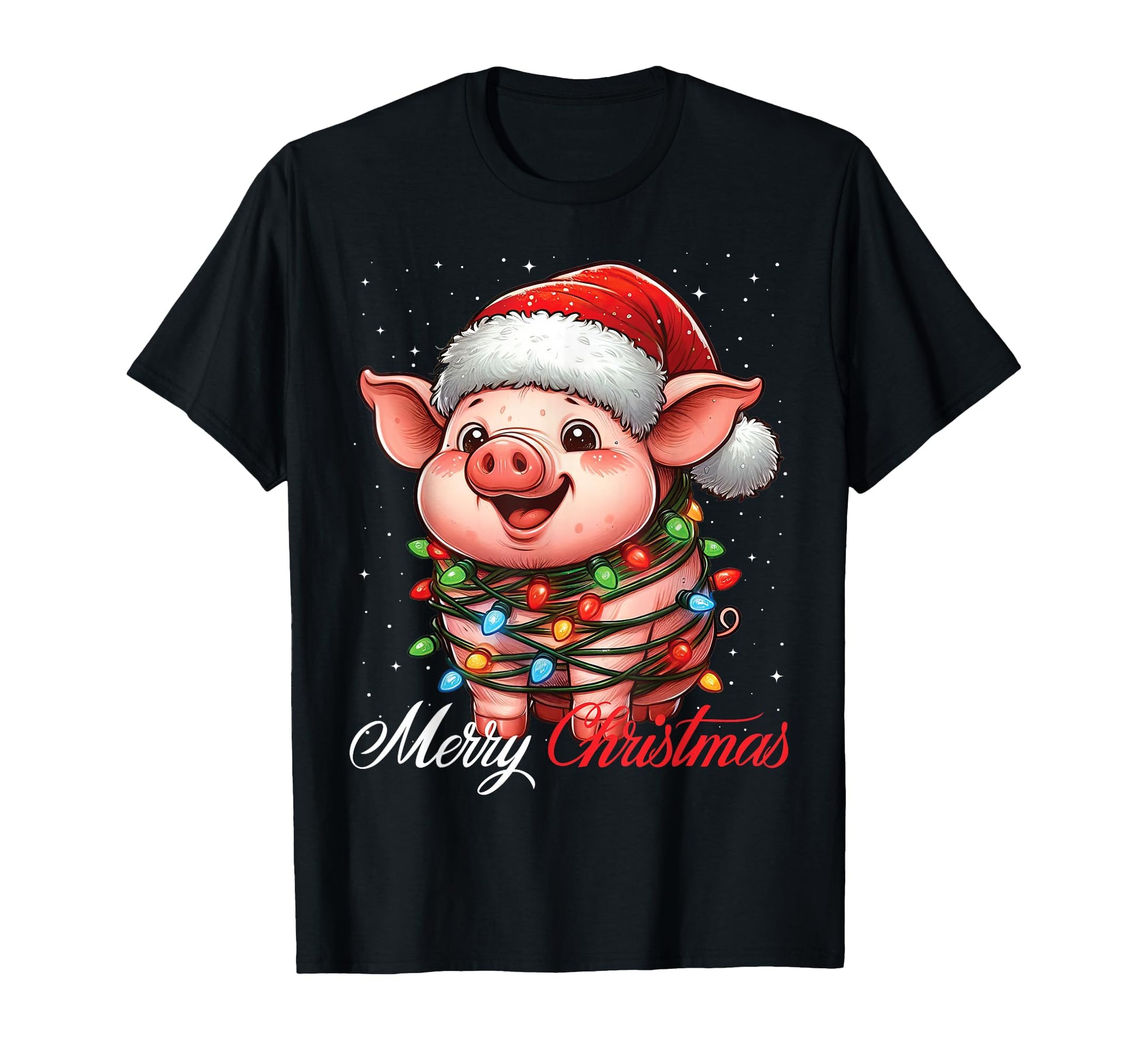 Pig Merry Lights Santa Hat Snow T-Shirt - Unique Graphic for Adults - T-Shirt, Sweatshirt, Hoodie