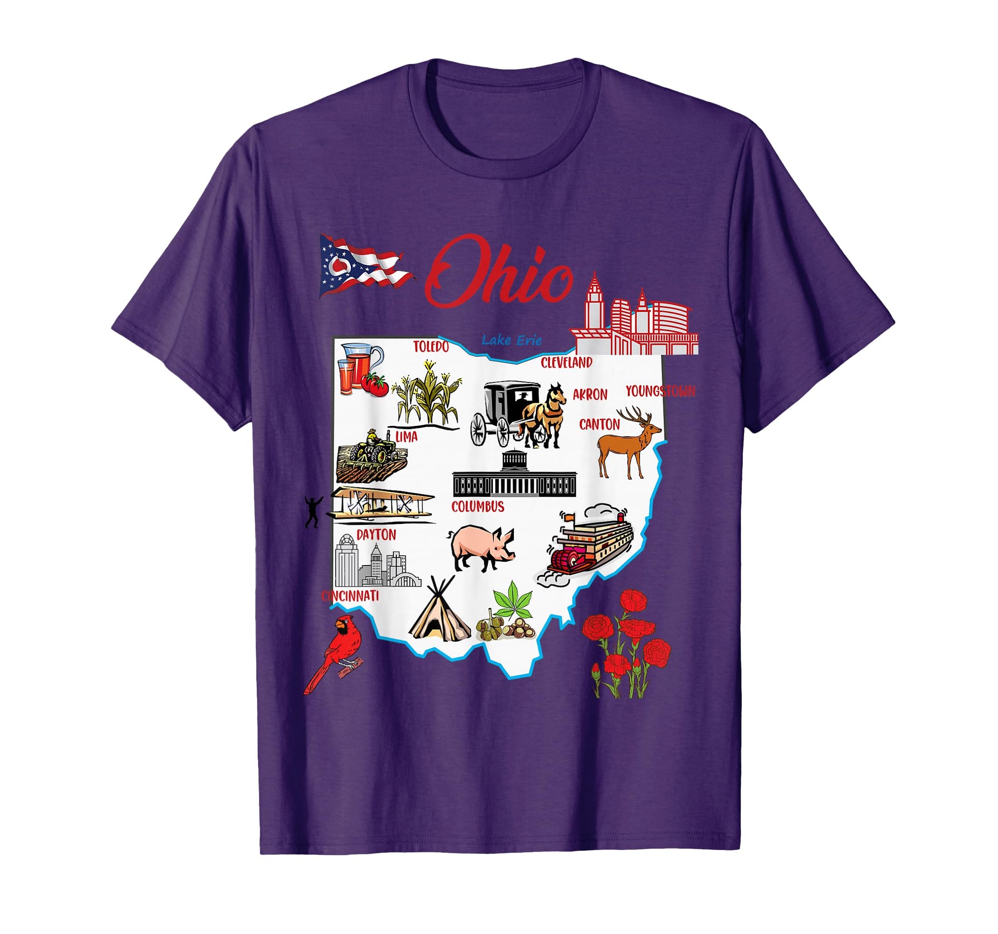 Illustrated Map State Ohio Usa Major T-Shirt - Fun Novelty Design Unisex - T-Shirt, Sweatshirt, Hoodie