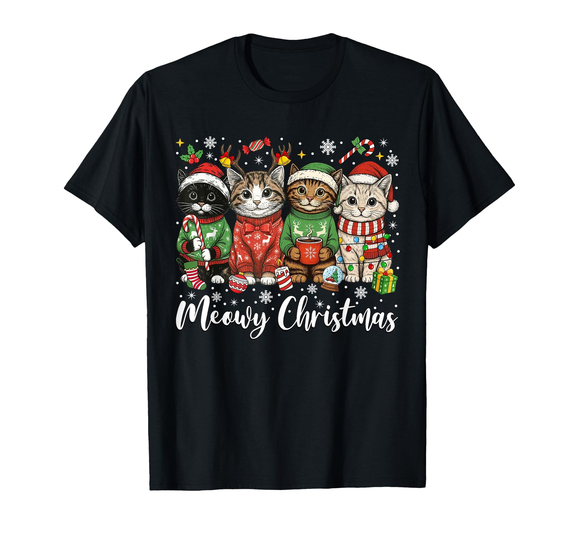 Cats Meowy Light Santa Hat Merry Catmas T-Shirt - Trendy Graphic for Adults - T-Shirt, Sweatshirt, Hoodie