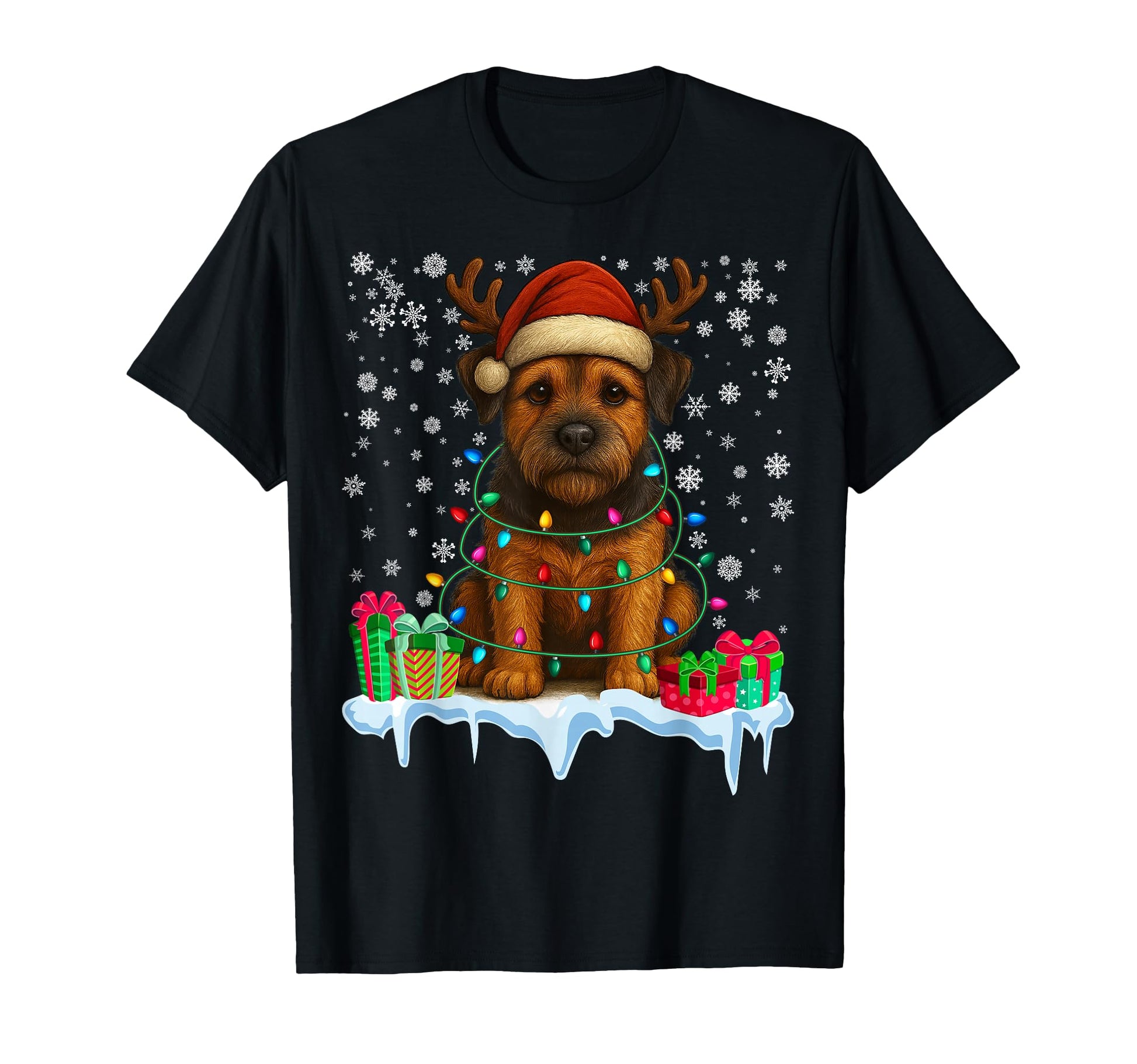 Border Terrier Santa Hat Reindeer Pajama T-Shirt - Novelty Apparel Unisex - T-Shirt, Sweatshirt, Hoodie