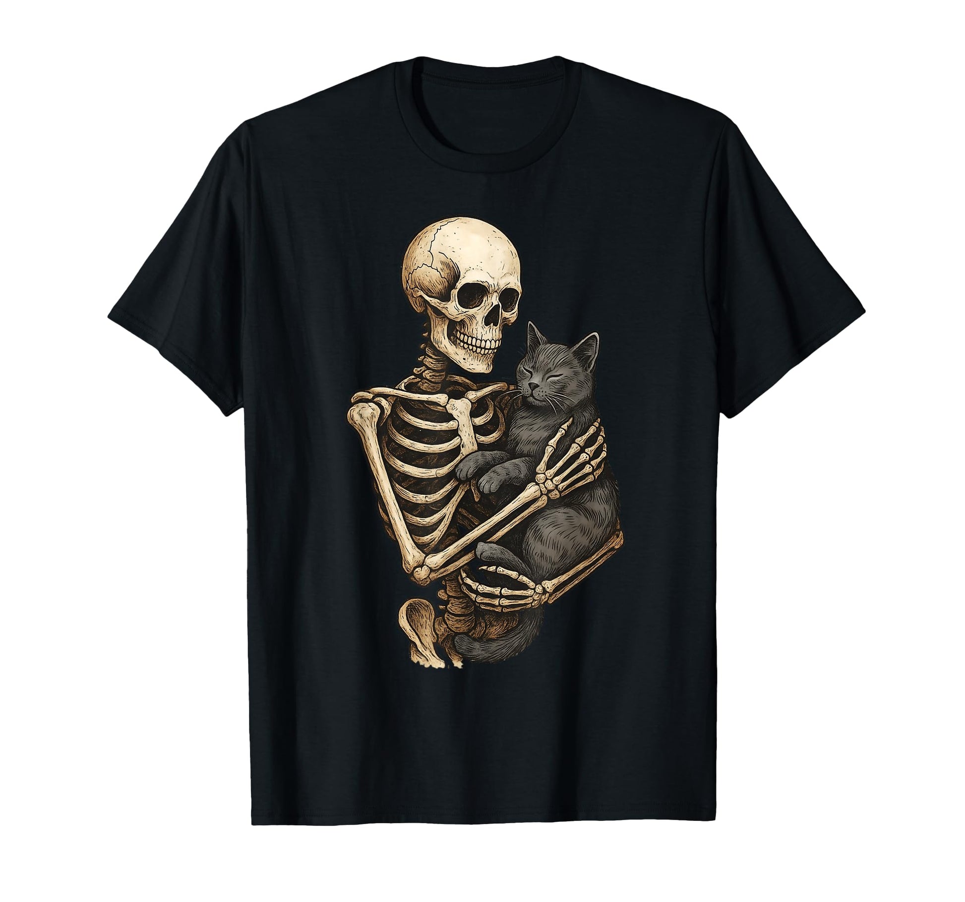 Skeleton Hugging Cat Halloween T-Shirt - Casual Everyday Wear Men Women - T-Shirt, Sweatshirt, Hoodie