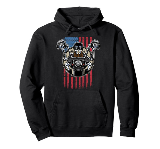 Bearded Biker Skull Us American Flag Hoodie - Streetwear Style Unisex - T-Shirt, Sweatshirt, Hoodie