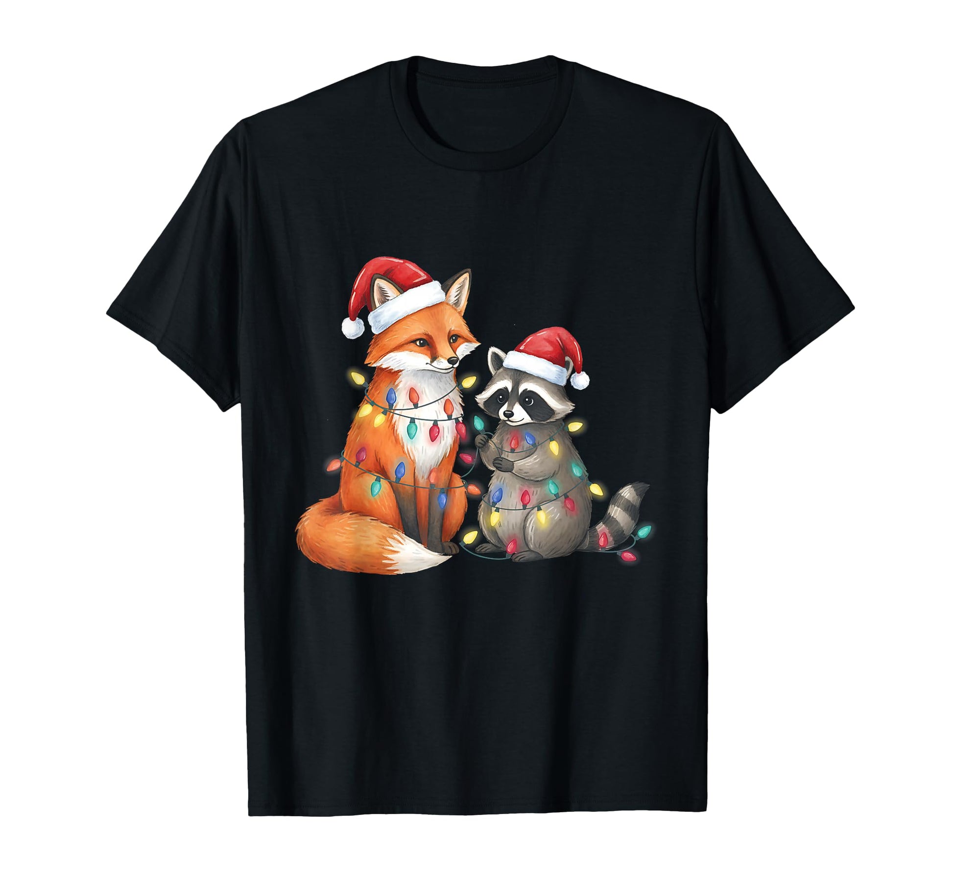 Fox And Raccoon Lights Santa Hat T-Shirt - Streetwear Style for Adults - T-Shirt, Sweatshirt, Hoodie