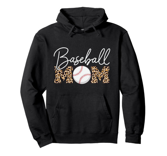 Baseball Mom Leopard Cursive Script Hoodie - Minimalist Print Men Women - T-Shirt, Sweatshirt, Hoodie