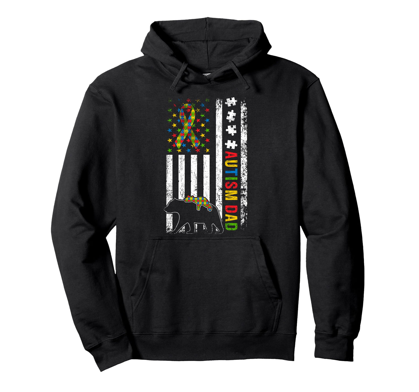 Autism Dad Papa Bear American Flag Awareness Hoodie - Graphic Print Unisex - T-Shirt, Sweatshirt, Hoodie