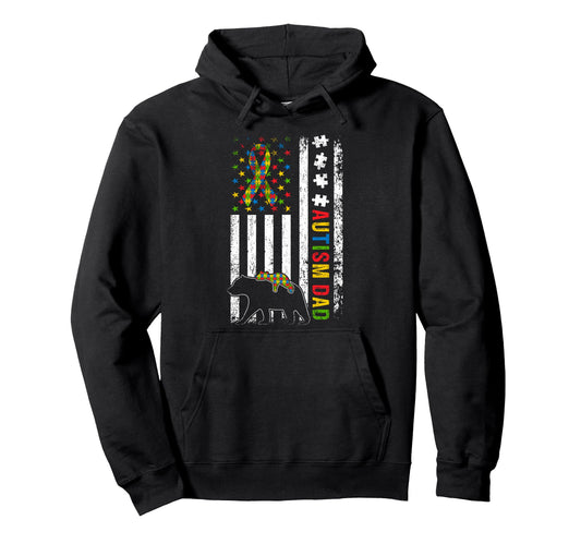 Autism Dad Papa Bear American Flag Awareness Hoodie - Graphic Print Unisex - T-Shirt, Sweatshirt, Hoodie