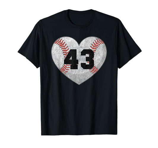 Baseball Number 43 Distressed Heart T-Shirt - Custom Art Print Men Women - T-Shirt, Sweatshirt, Hoodie