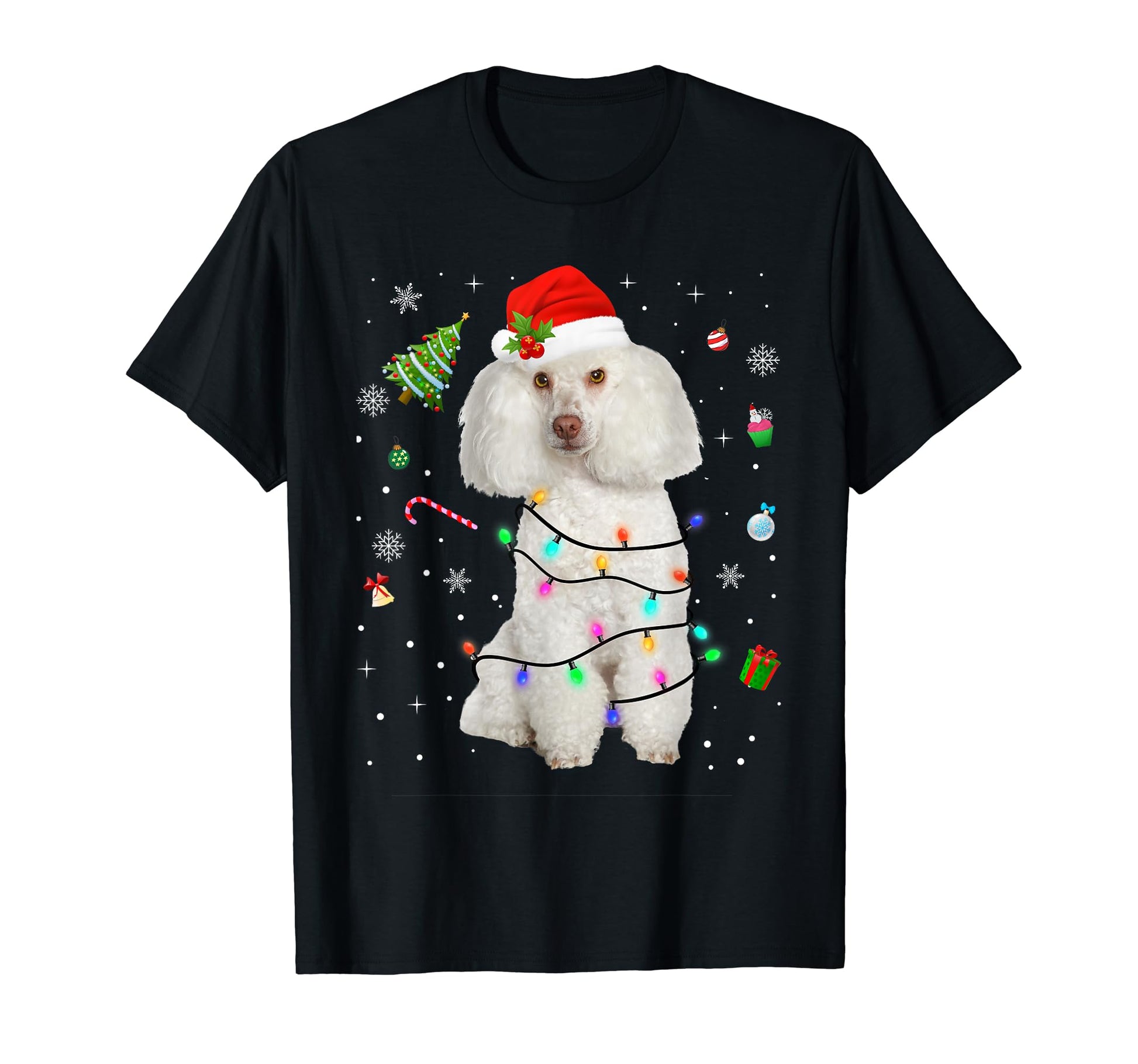 Poodle Dog Lights Santa Hat Dog Dad Mom T-Shirt - Graphic Print for Adults - T-Shirt, Sweatshirt, Hoodie
